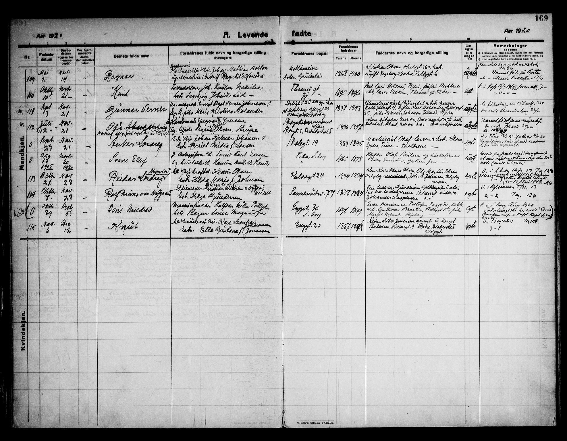 Sarpsborg prestekontor Kirkebøker, AV/SAO-A-2006/F/Fa/L0008: Parish register (official) no. 8, 1910-1920, p. 169