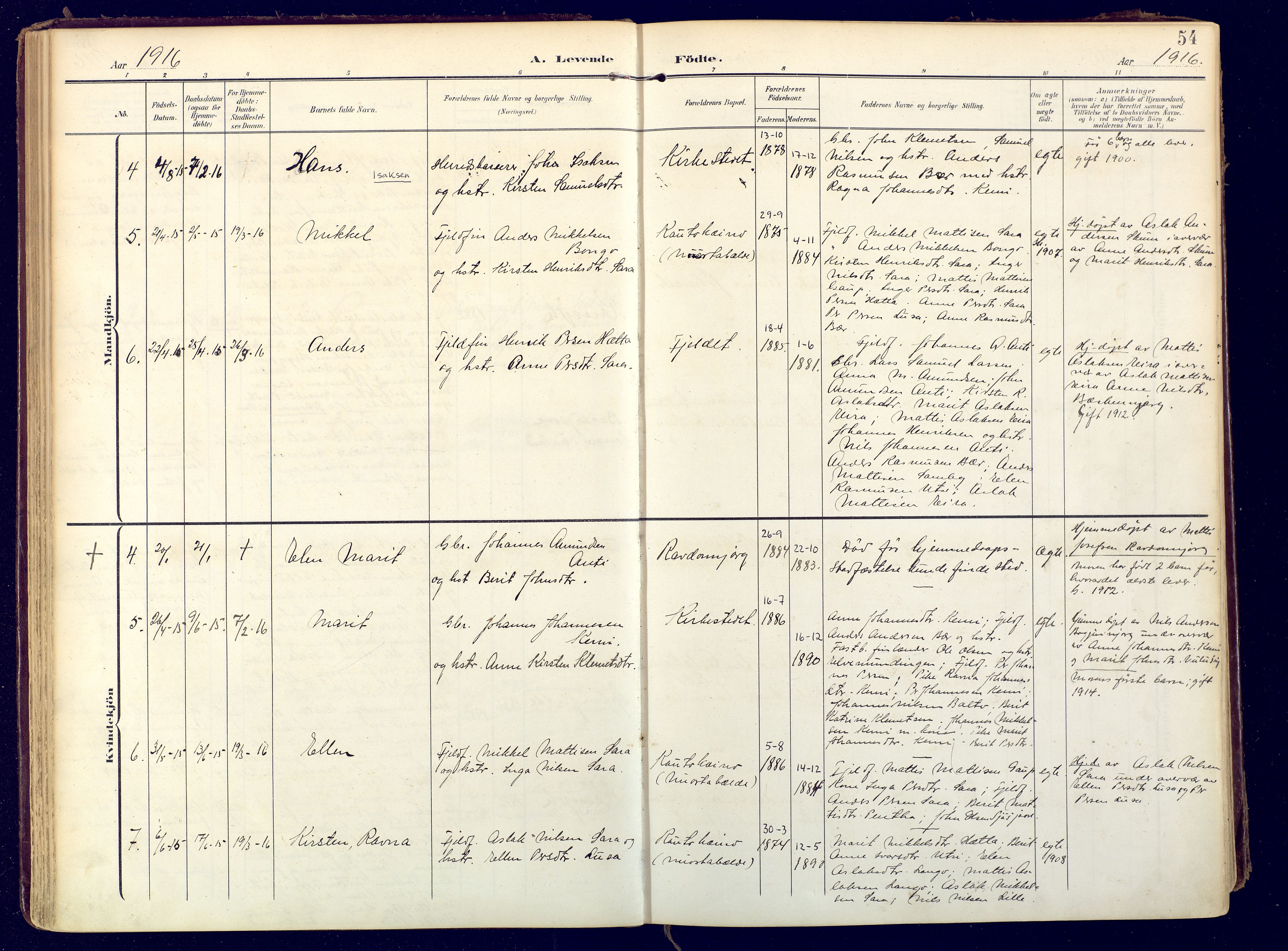 Karasjok sokneprestkontor, SATØ/S-1352/H/Ha: Parish register (official) no. 3, 1907-1926, p. 54