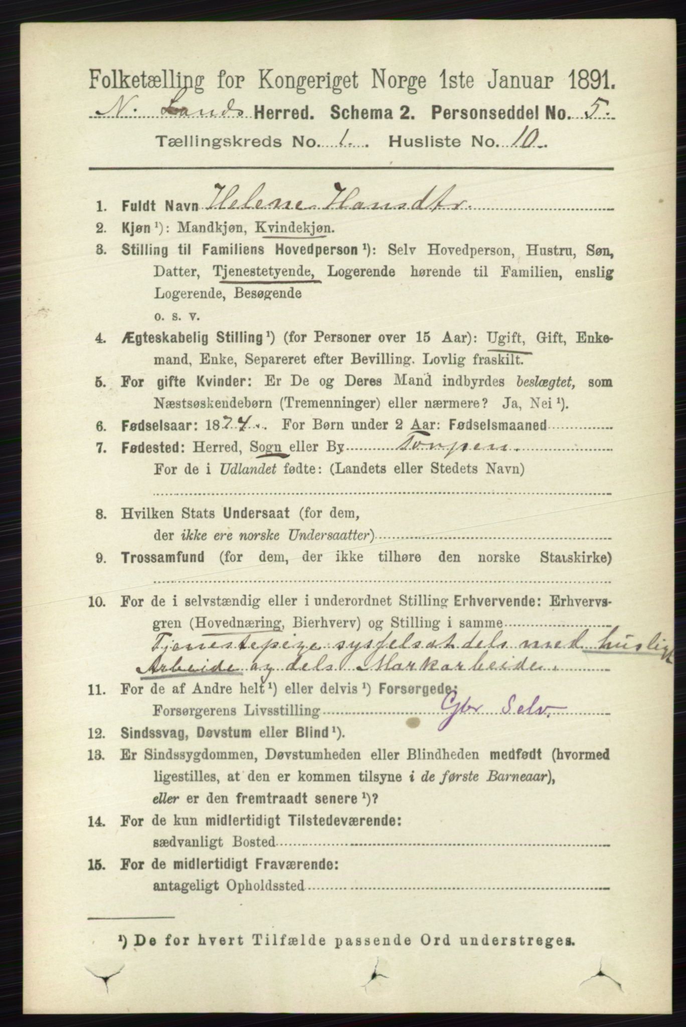 RA, 1891 census for 0538 Nordre Land, 1891, p. 182