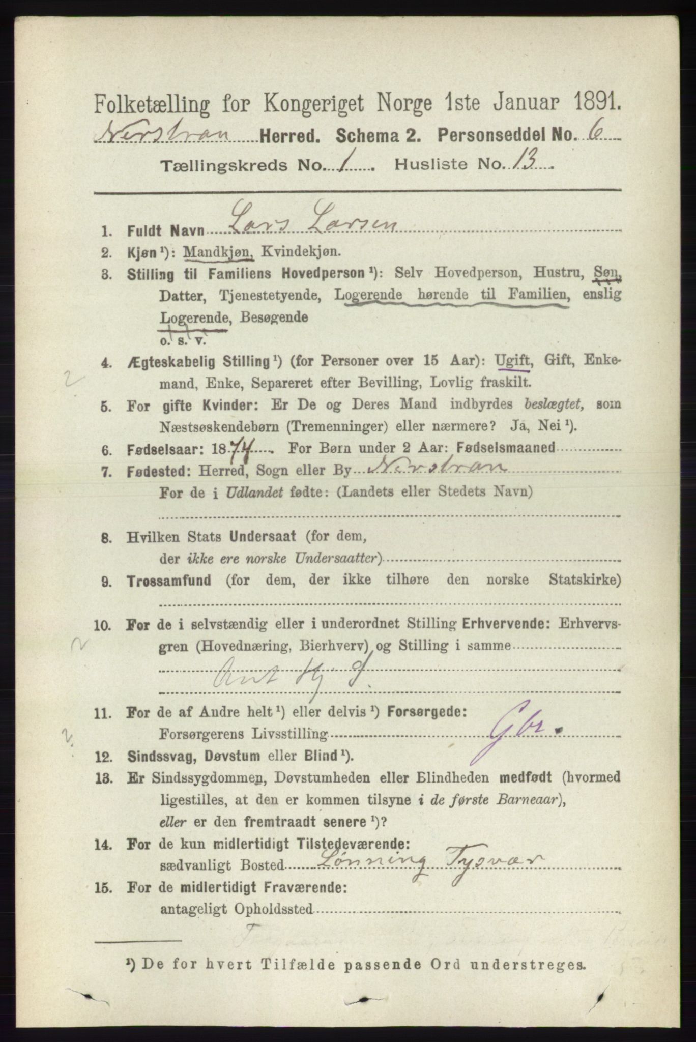 RA, 1891 census for 1139 Nedstrand, 1891, p. 154