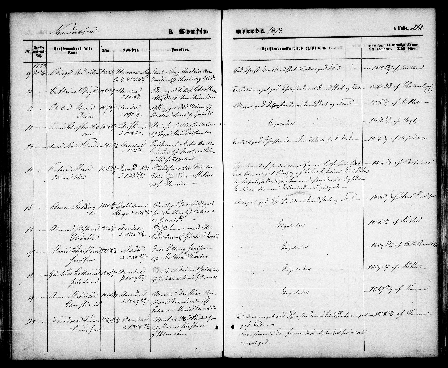 Arendal sokneprestkontor, Trefoldighet, SAK/1111-0040/F/Fa/L0007: Parish register (official) no. A 7, 1868-1878, p. 242