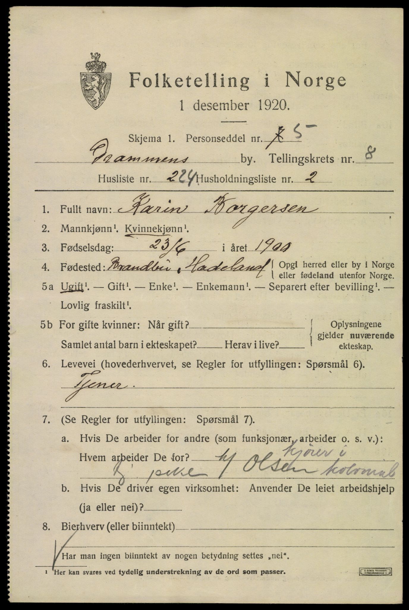 SAKO, 1920 census for Drammen, 1920, p. 58837