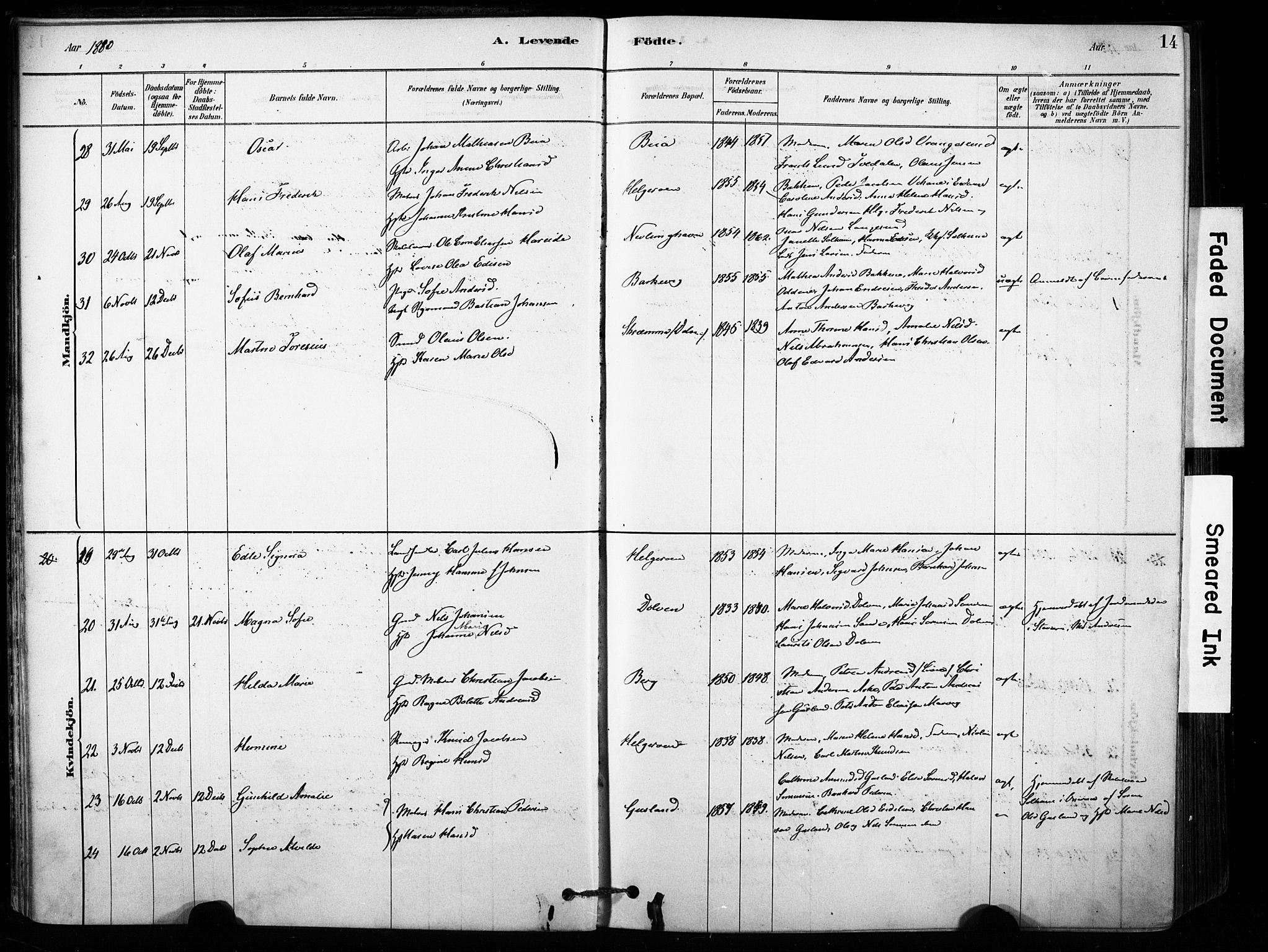 Brunlanes kirkebøker, AV/SAKO-A-342/F/Fb/L0001: Parish register (official) no. II 1, 1878-1899, p. 14