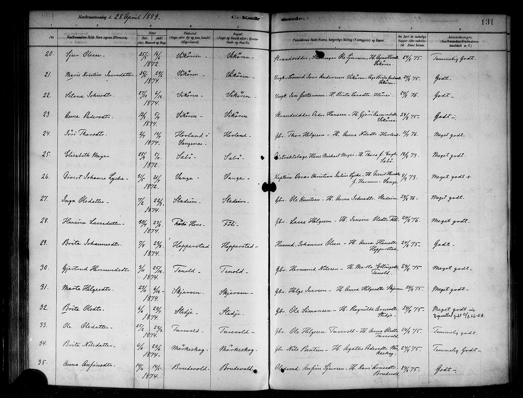 Vik sokneprestembete, AV/SAB-A-81501/H/Haa/Haab/L0001: Parish register (official) no. B 1, 1878-1890, p. 131