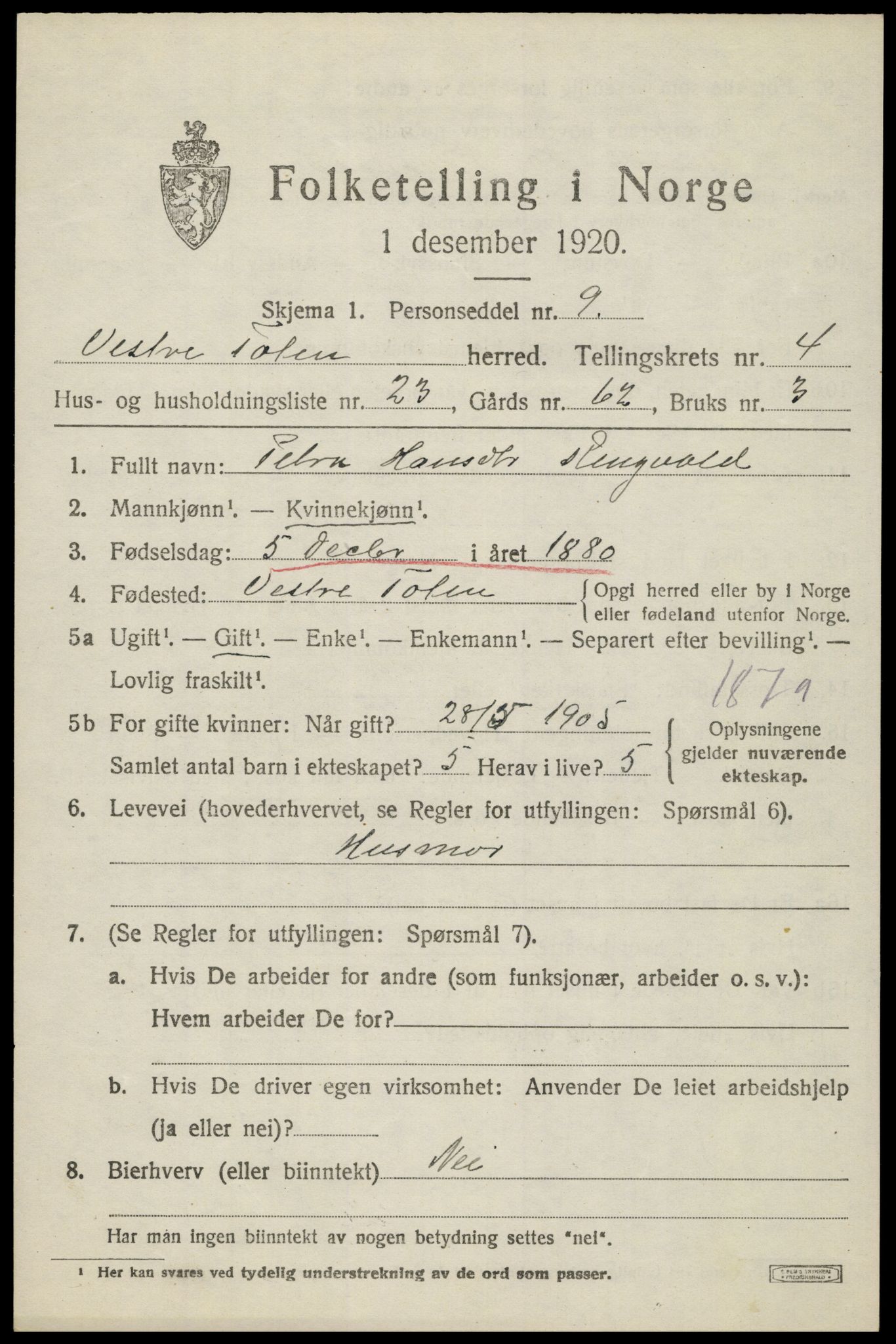 SAH, 1920 census for Vestre Toten, 1920, p. 5884