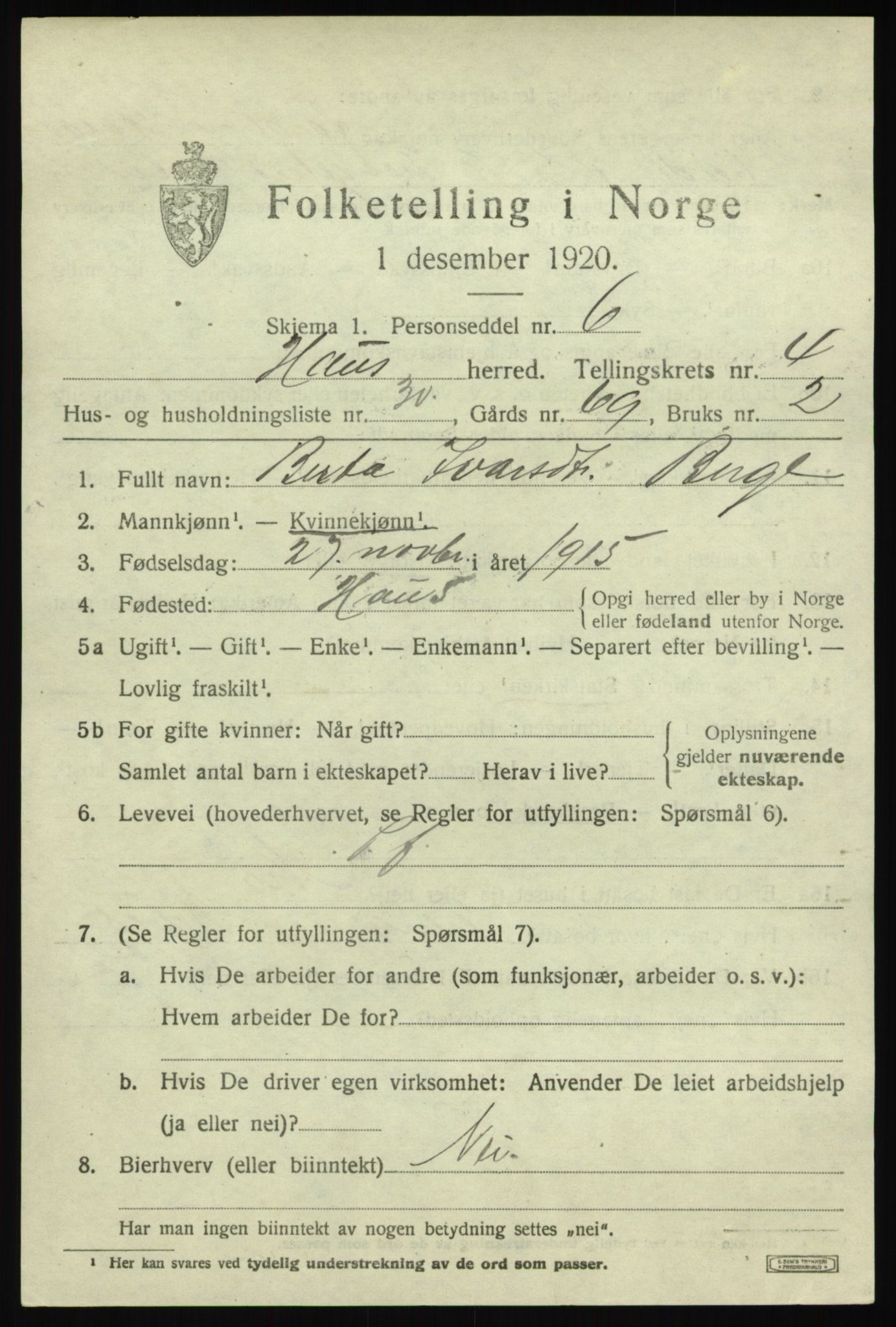 SAB, 1920 census for Haus, 1920, p. 3271