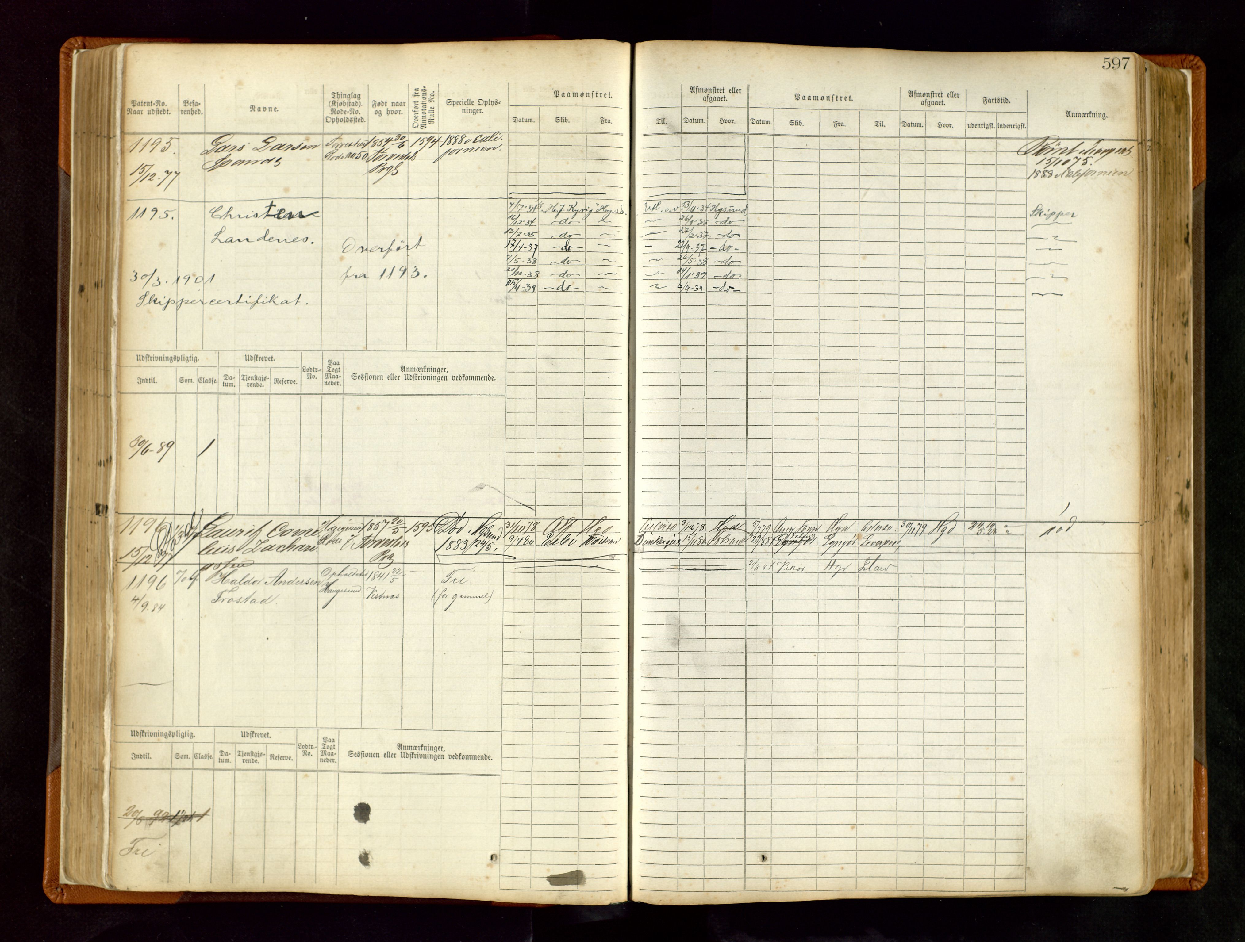 Haugesund sjømannskontor, AV/SAST-A-102007/F/Fb/Fbb/L0004: Sjøfartsrulle Haugesund krets nr. 1-1922, 1868-1948, p. 597