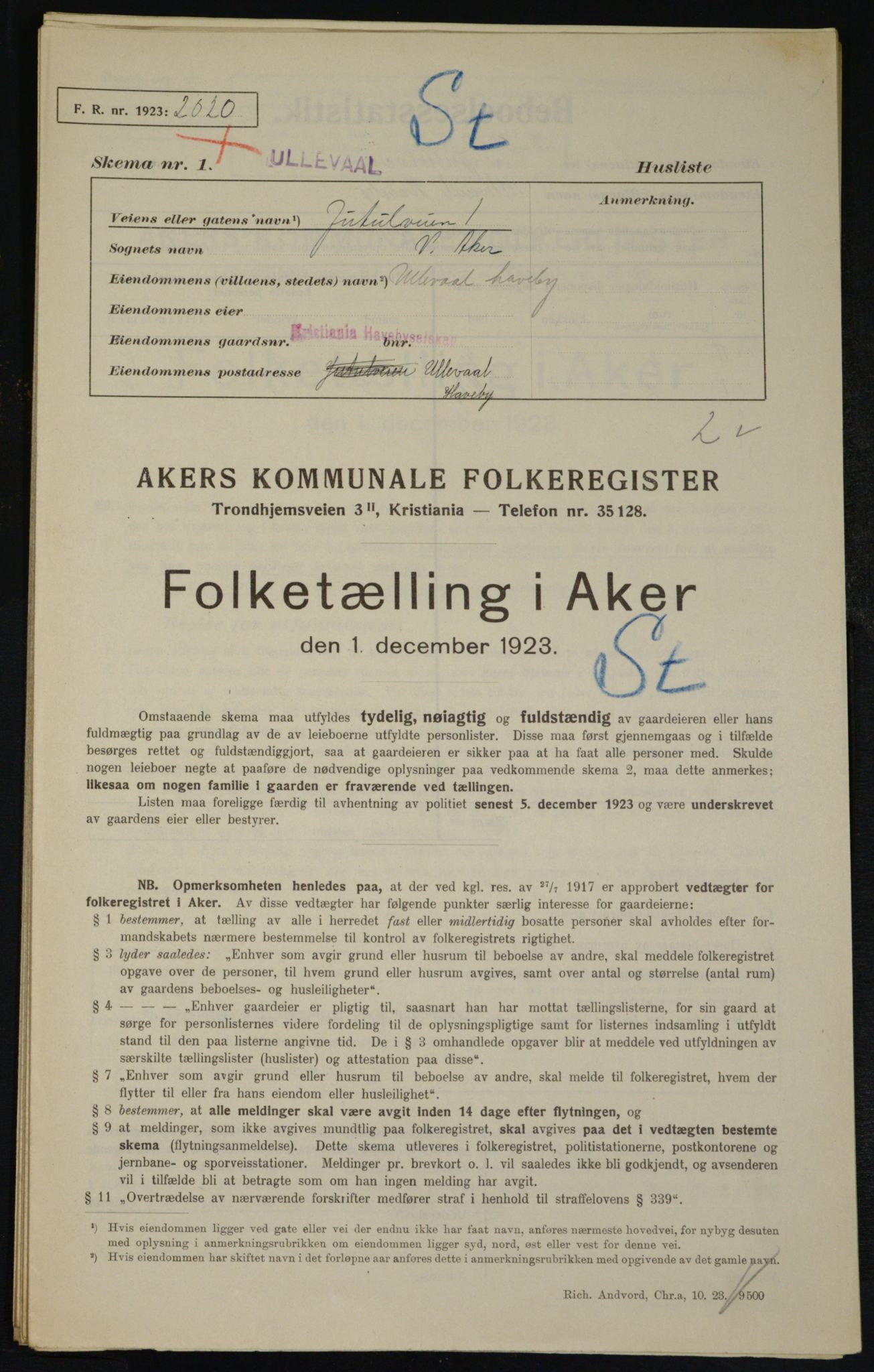 , Municipal Census 1923 for Aker, 1923, p. 21031