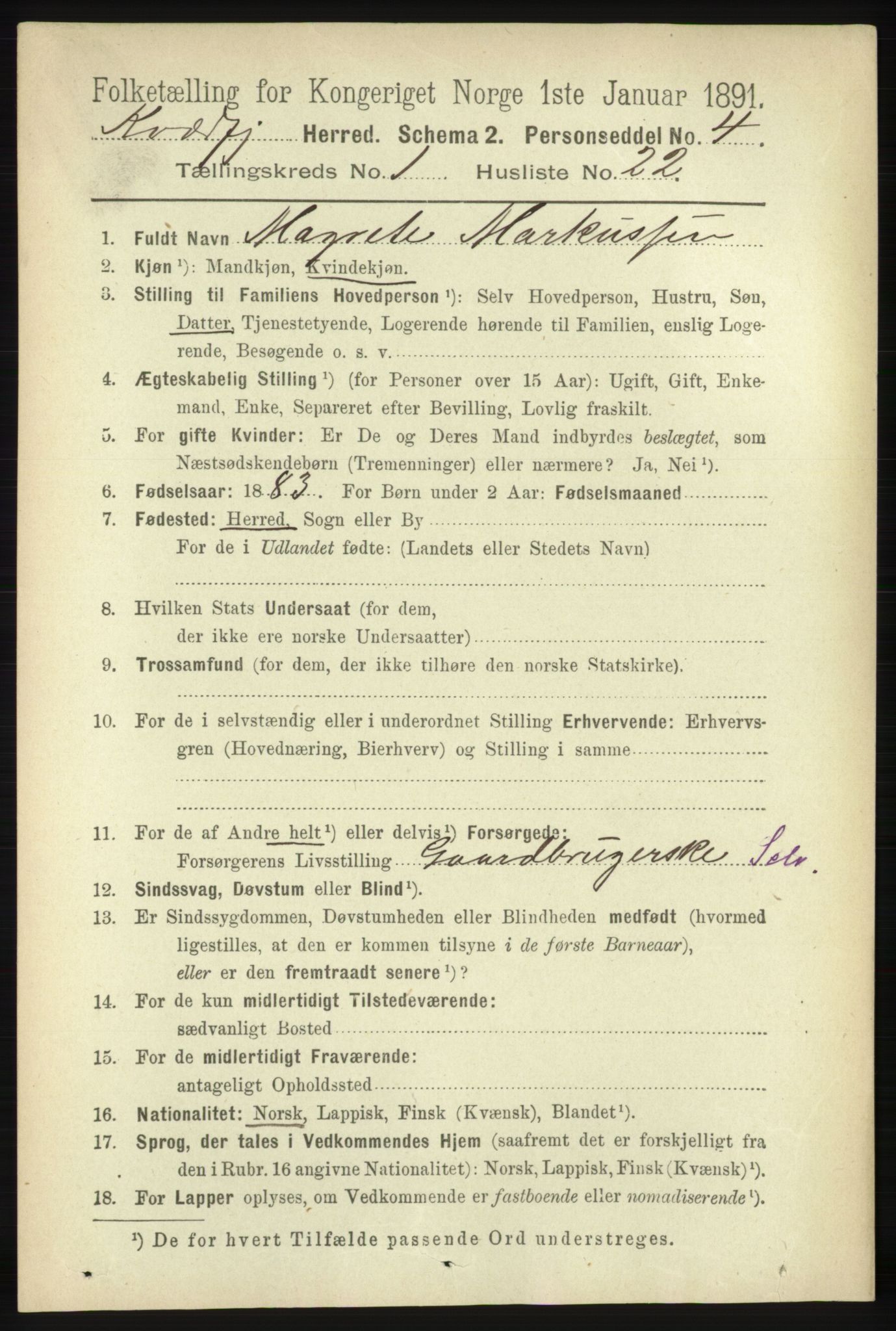 RA, 1891 census for 1911 Kvæfjord, 1891, p. 243