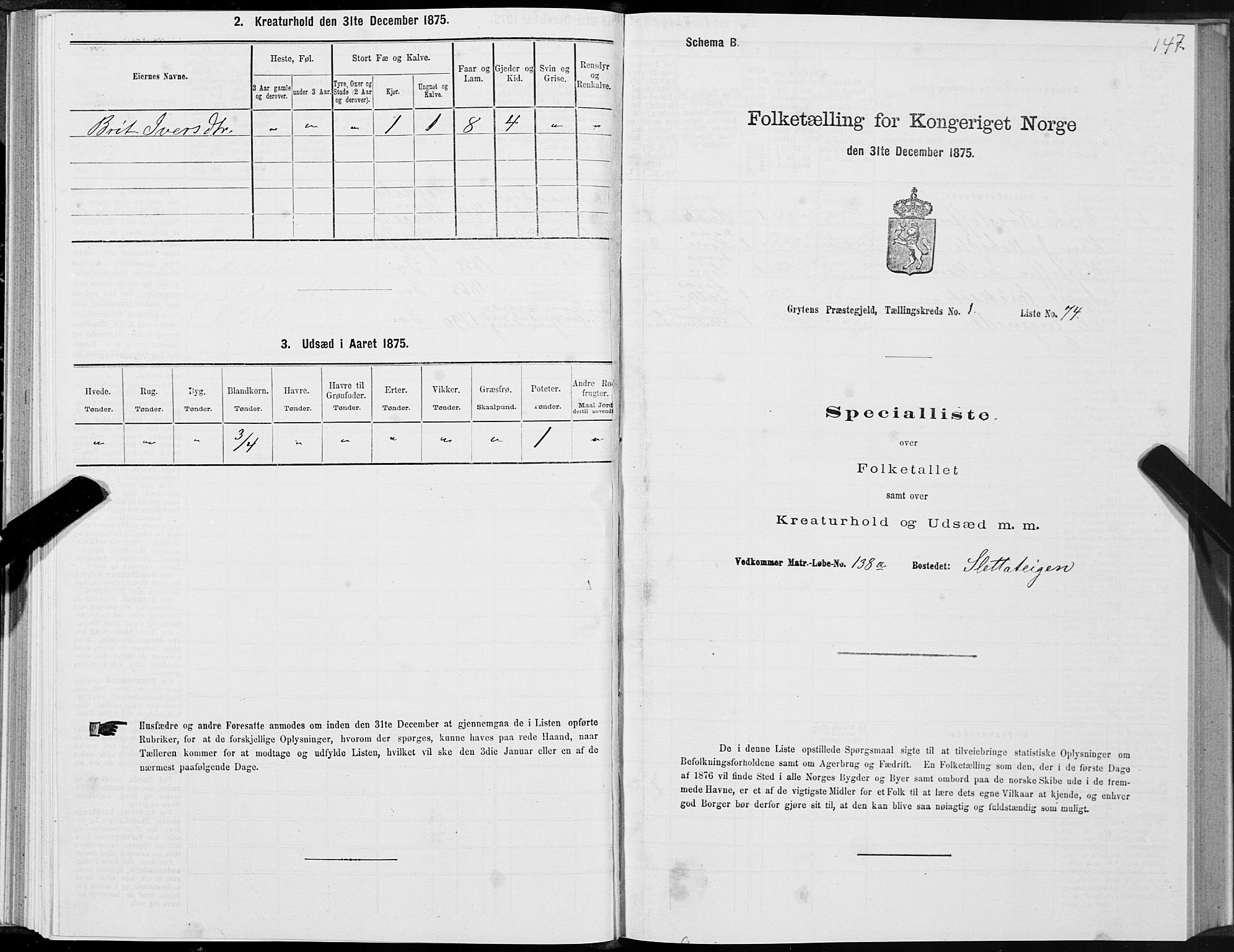 SAT, 1875 census for 1539P Grytten, 1875, p. 1147