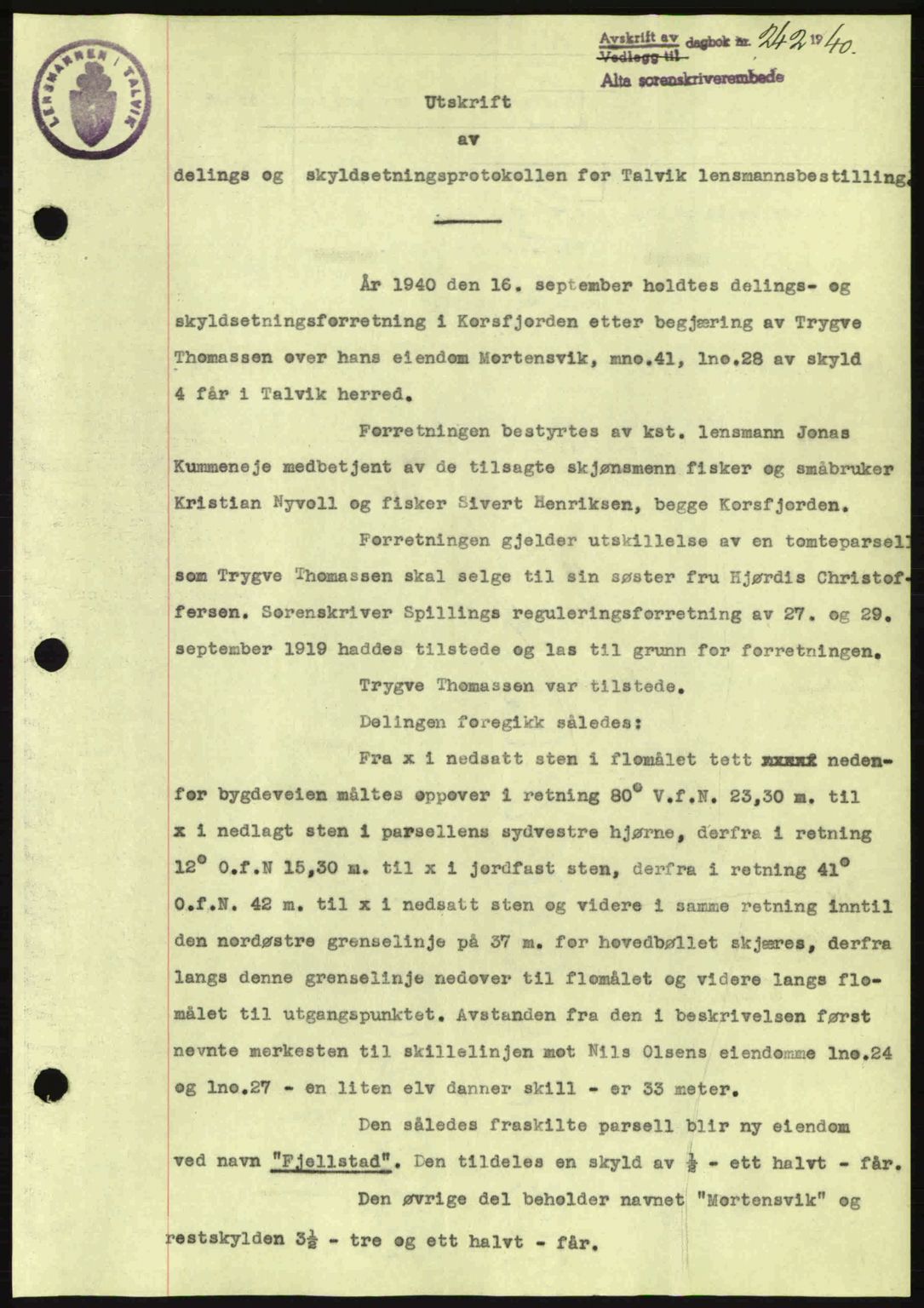 Alta fogderi/sorenskriveri, SATØ/SATØ-5/1/K/Kd/L0033pantebok: Mortgage book no. 33, 1940-1943, Diary no: : 242/1940