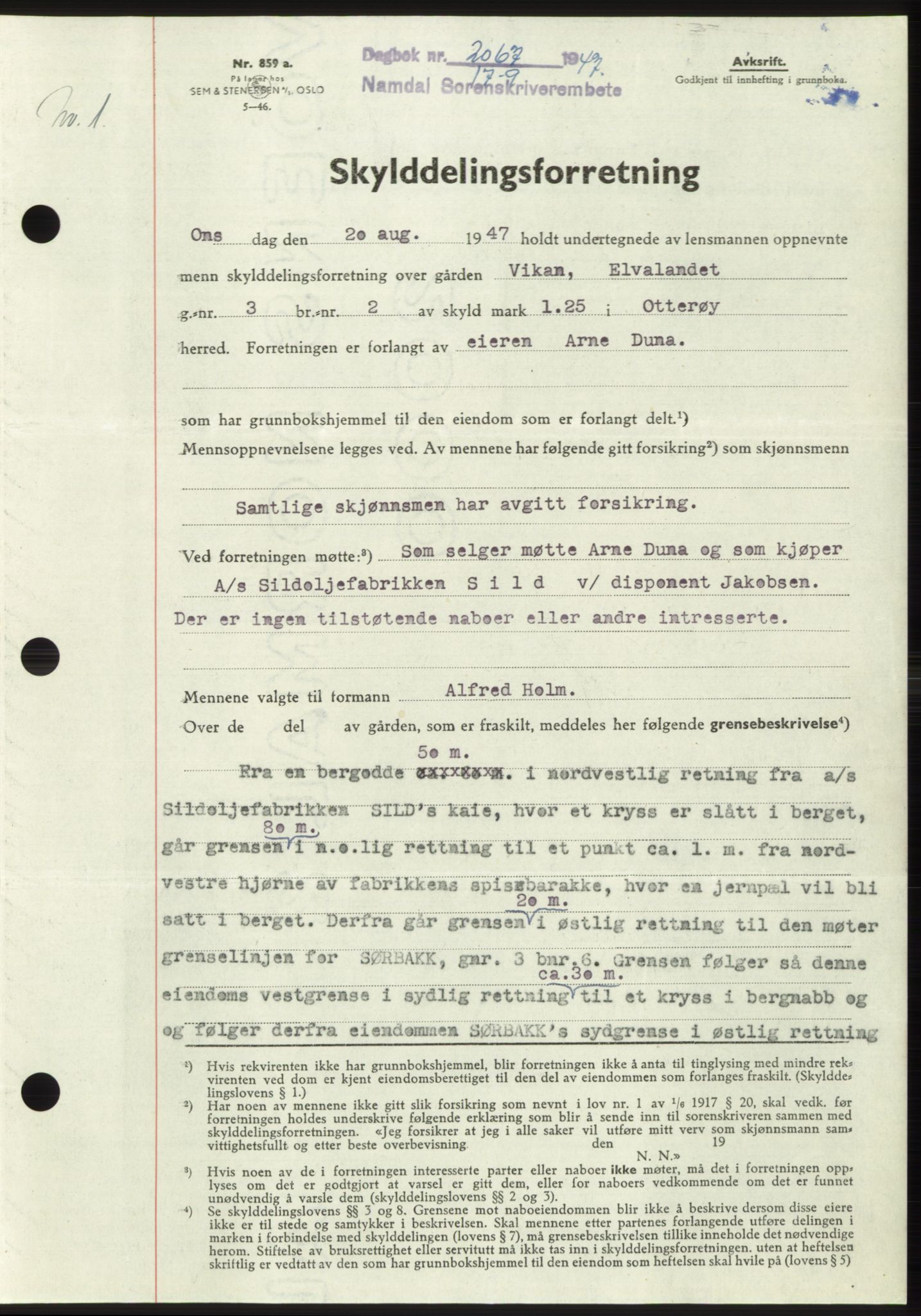 Namdal sorenskriveri, AV/SAT-A-4133/1/2/2C: Mortgage book no. -, 1947-1947, Diary no: : 2067/1947