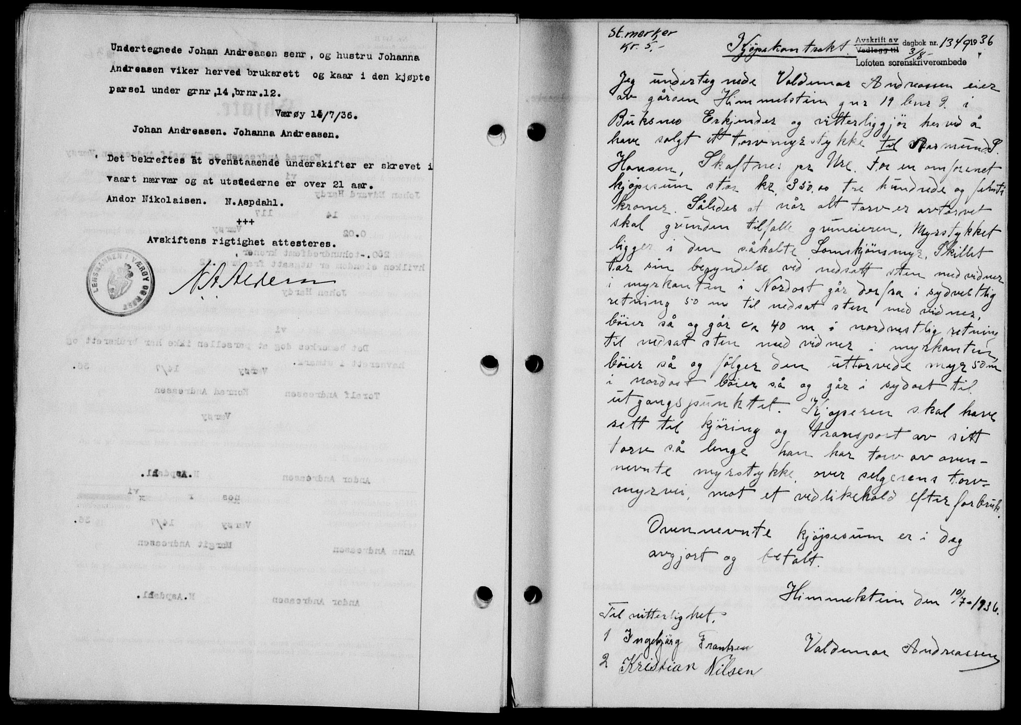 Lofoten sorenskriveri, SAT/A-0017/1/2/2C/L0001a: Mortgage book no. 1a, 1936-1937, Diary no: : 1349/1936