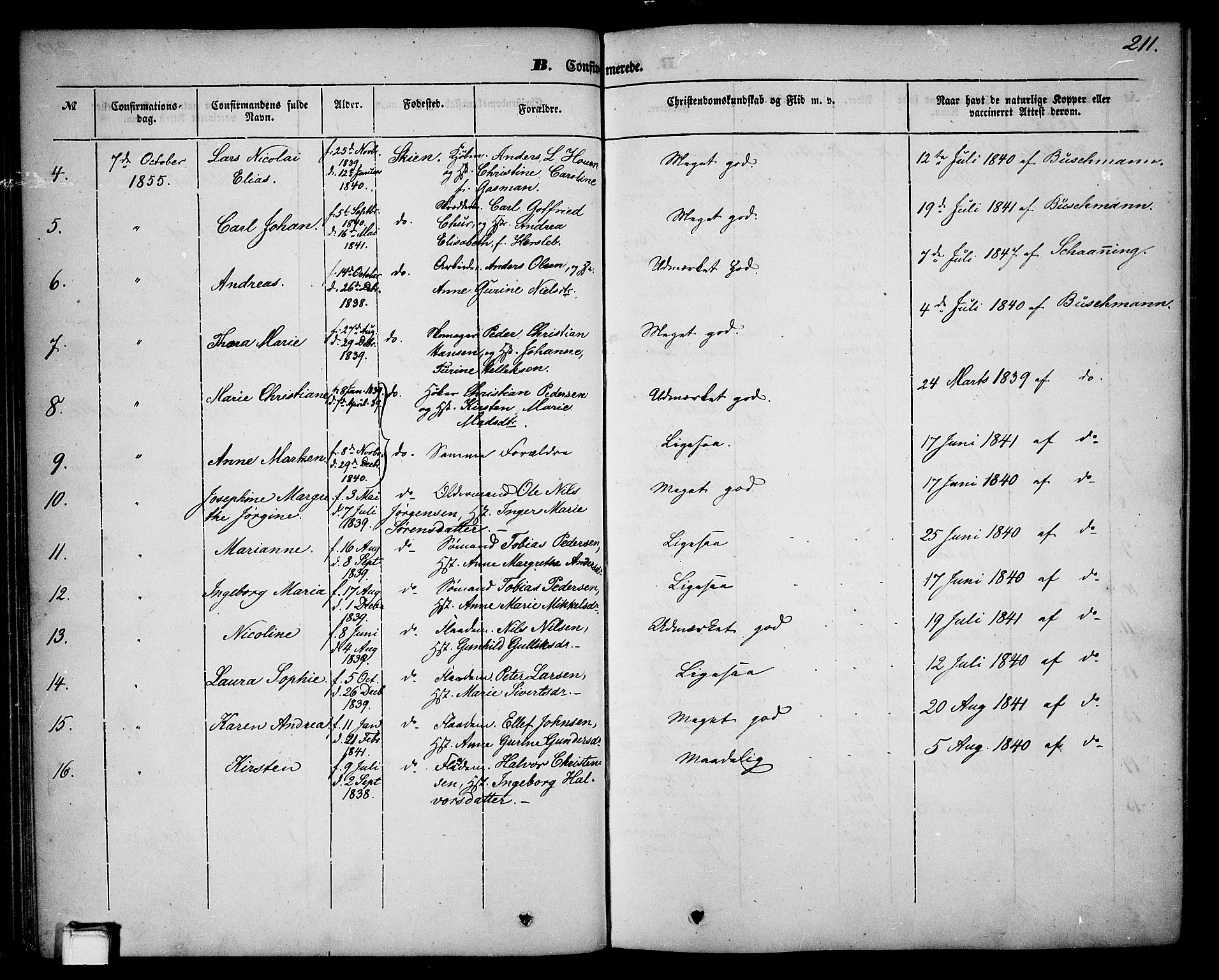 Skien kirkebøker, SAKO/A-302/G/Ga/L0004: Parish register (copy) no. 4, 1843-1867, p. 211