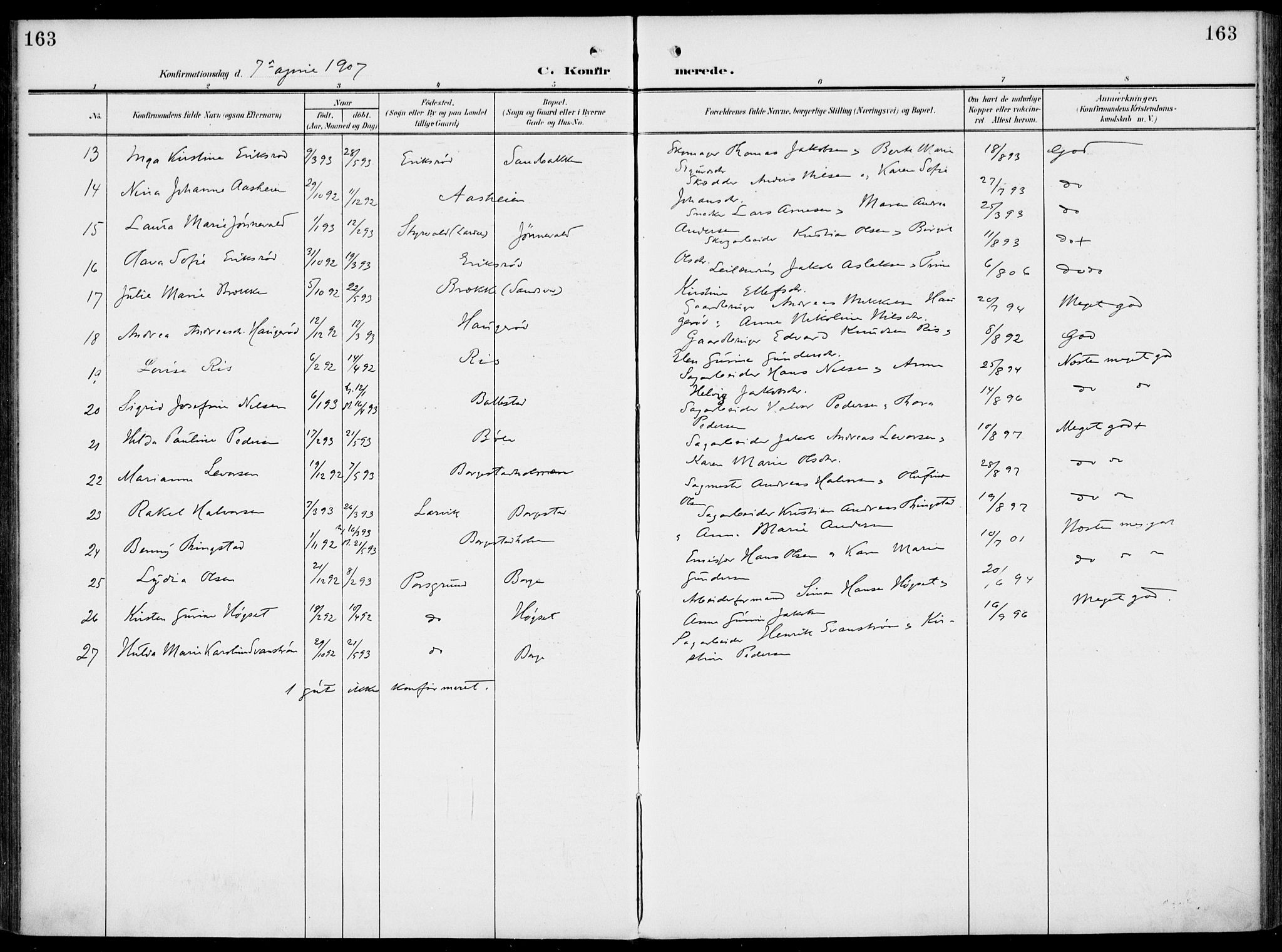 Gjerpen kirkebøker, AV/SAKO-A-265/F/Fa/L0012: Parish register (official) no. I 12, 1905-1913, p. 163