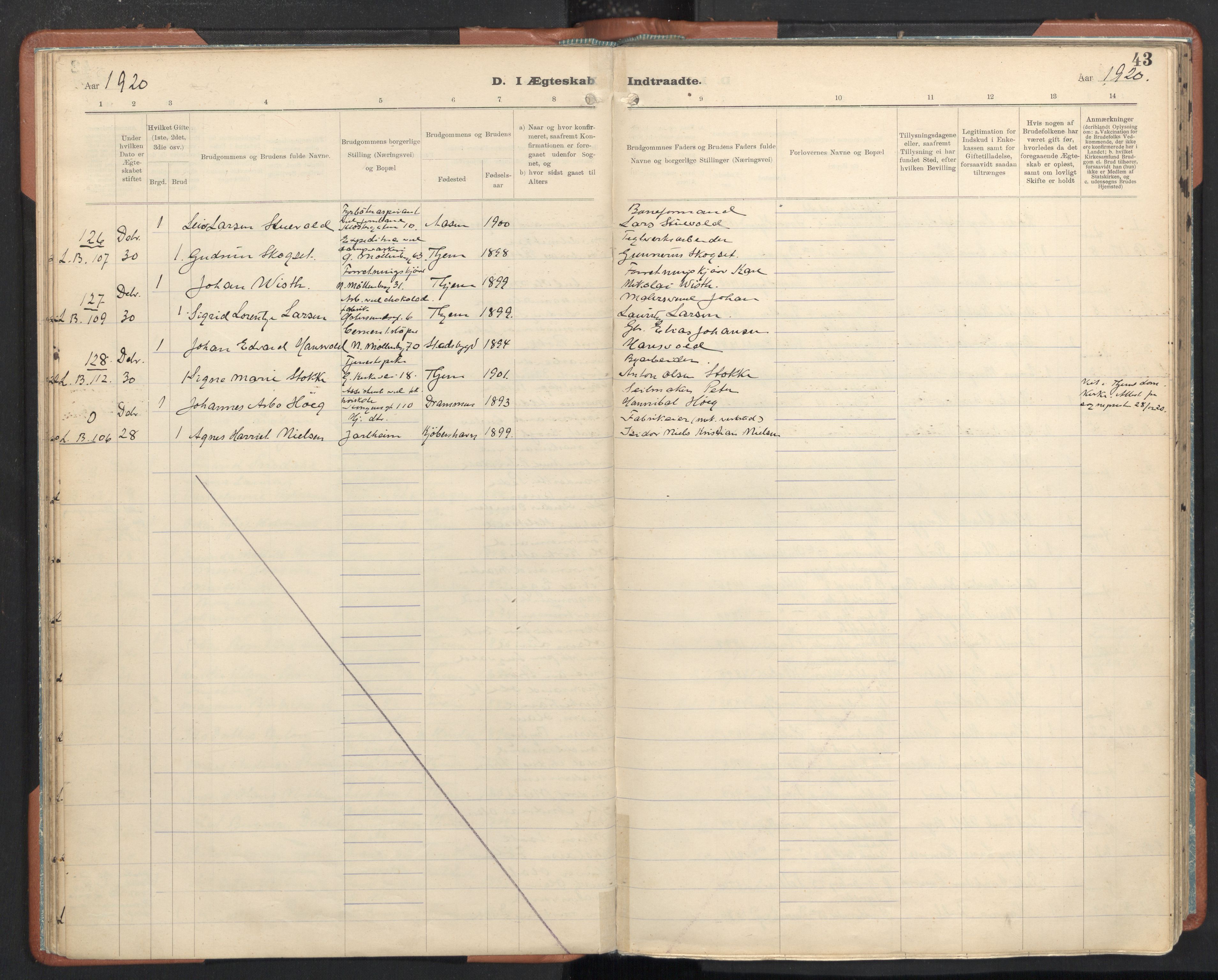 Ministerialprotokoller, klokkerbøker og fødselsregistre - Sør-Trøndelag, AV/SAT-A-1456/605/L0245: Parish register (official) no. 605A07, 1916-1938, p. 43