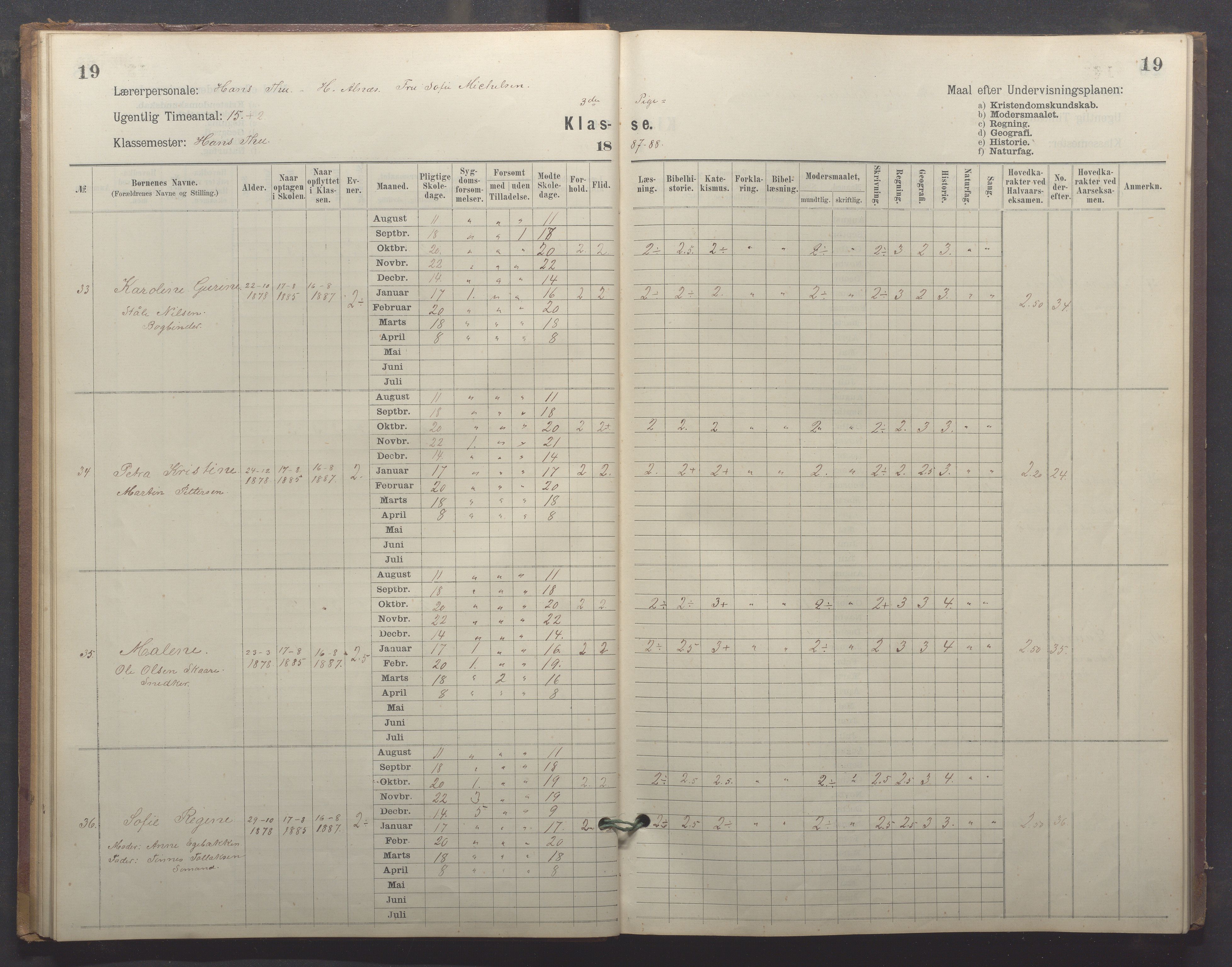 Egersund kommune (Ladested) - Egersund almueskole/folkeskole, IKAR/K-100521/H/L0024: Skoleprotokoll - Almueskolen, 3. klasse, 1887-1892, p. 19