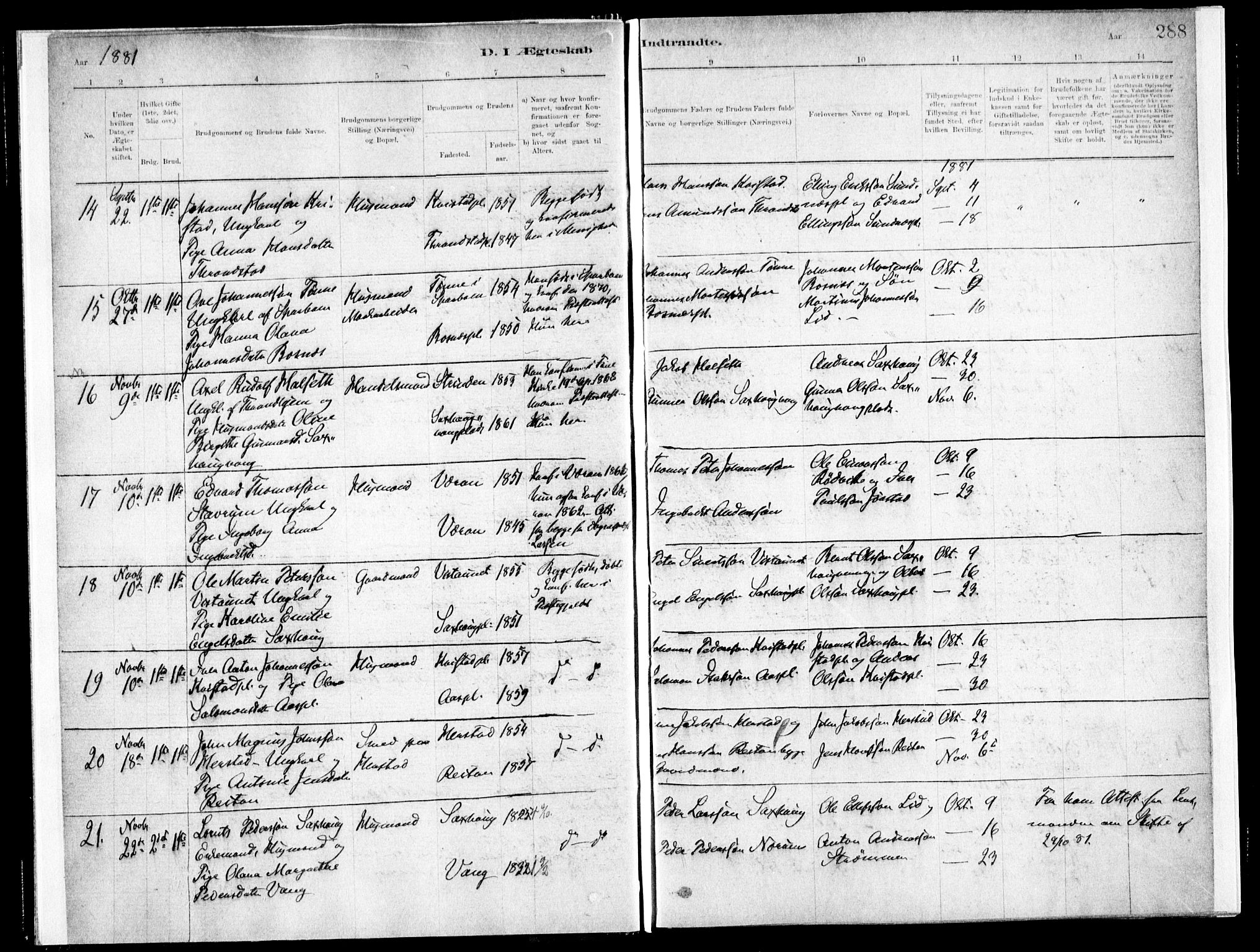 Ministerialprotokoller, klokkerbøker og fødselsregistre - Nord-Trøndelag, AV/SAT-A-1458/730/L0285: Parish register (official) no. 730A10, 1879-1914, p. 288