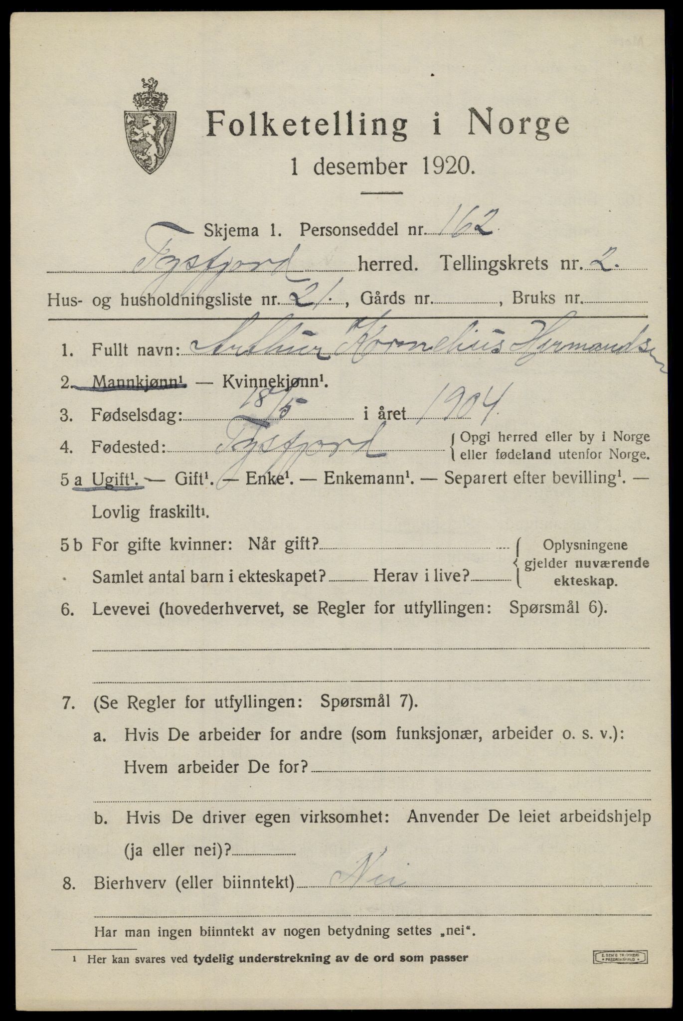 SAT, 1920 census for Tysfjord, 1920, p. 1549