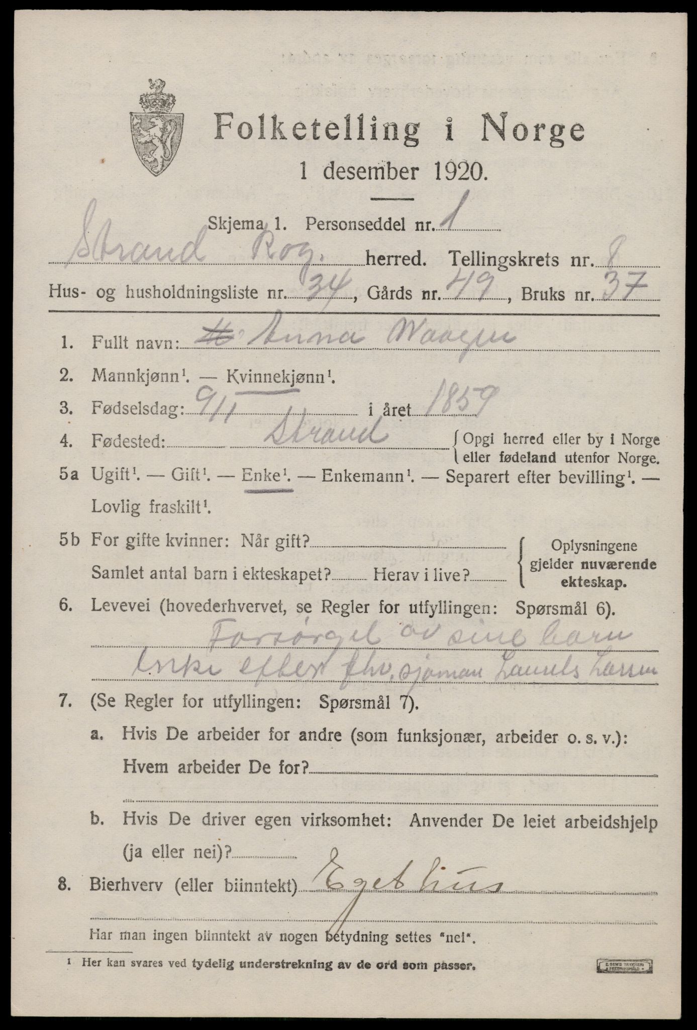 SAST, 1920 census for Strand, 1920, p. 5464