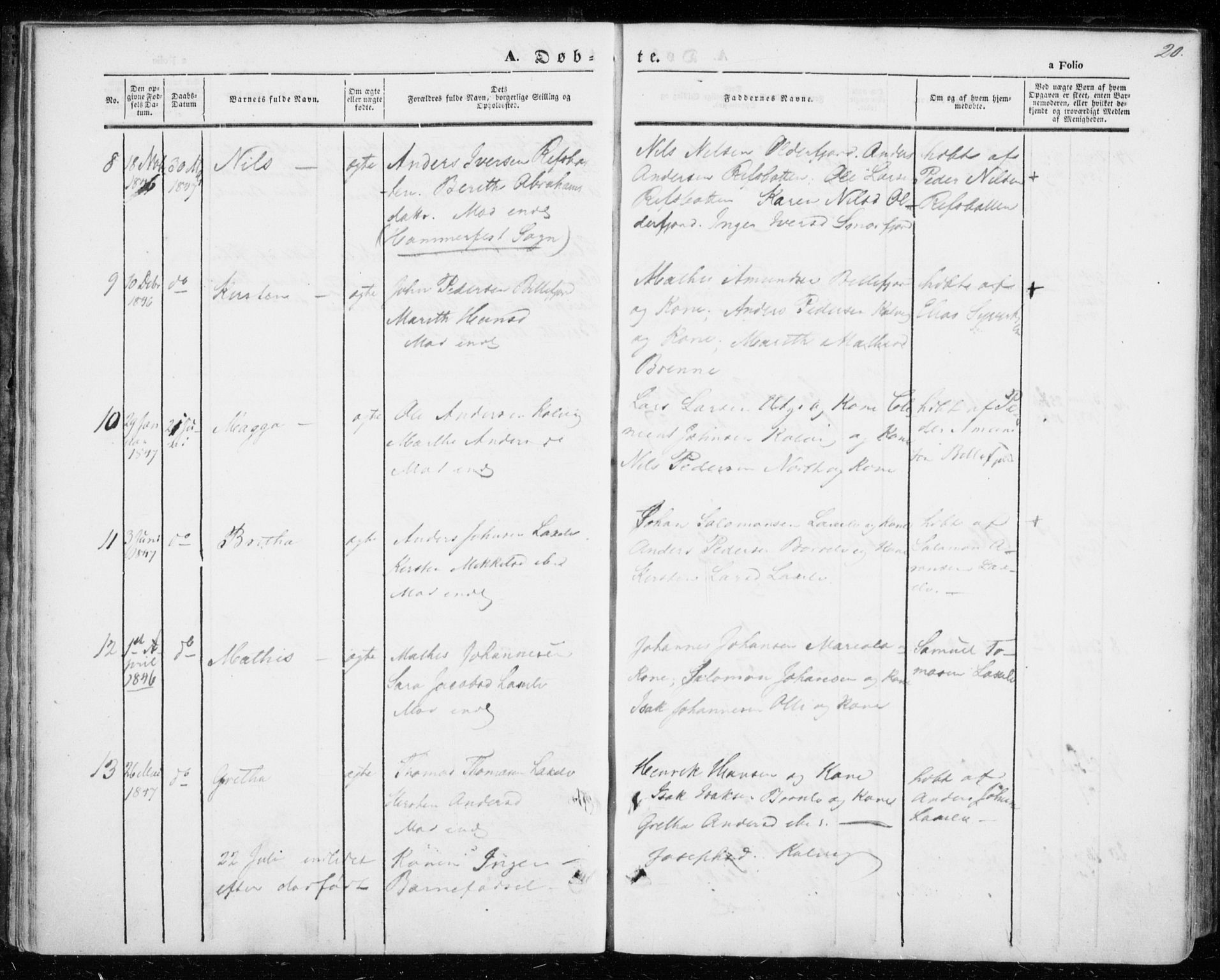 Kistrand/Porsanger sokneprestembete, SATØ/S-1351/H/Ha/L0004.kirke: Parish register (official) no. 4, 1843-1860, p. 20