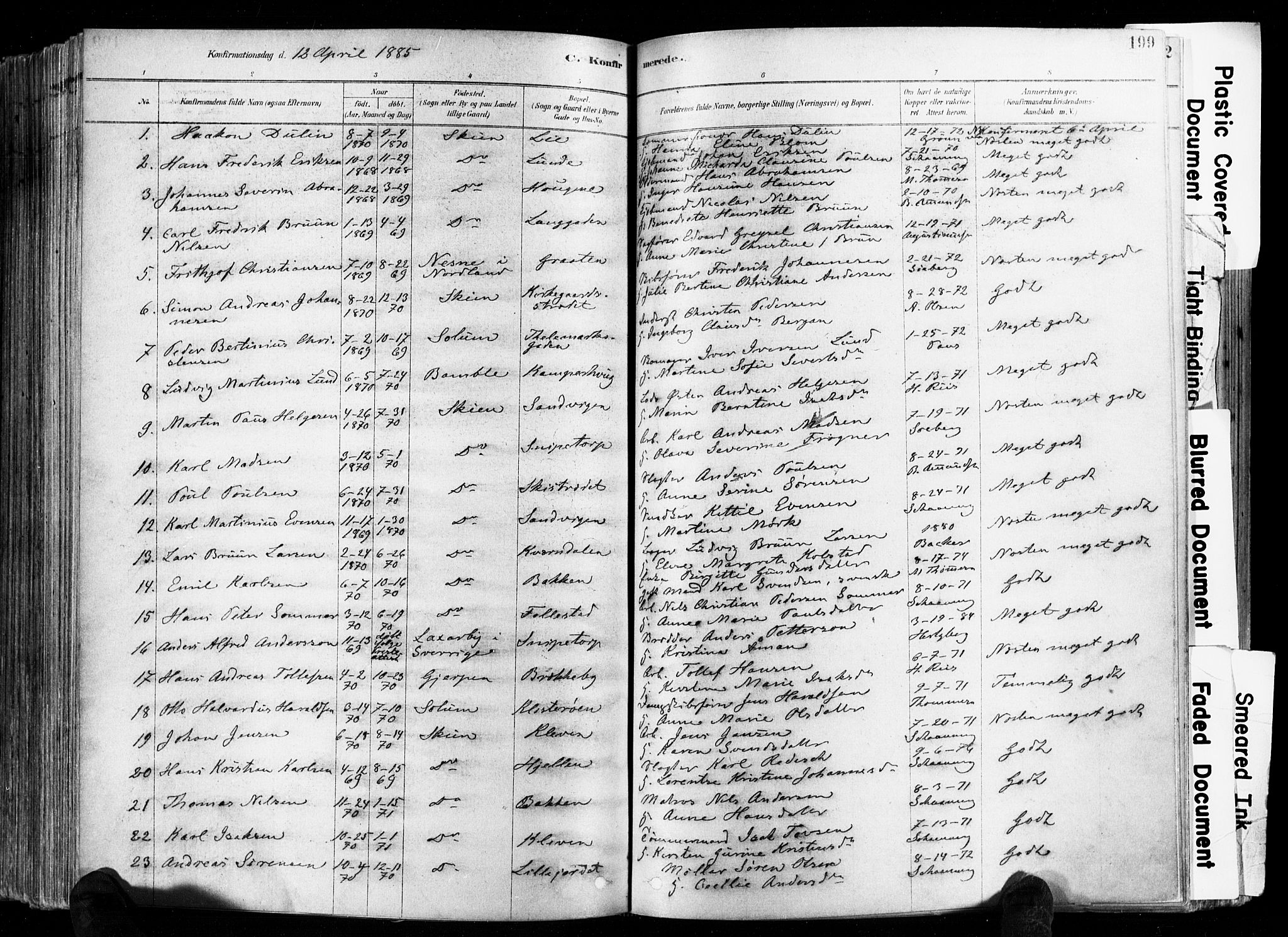 Skien kirkebøker, SAKO/A-302/F/Fa/L0009: Parish register (official) no. 9, 1878-1890, p. 199
