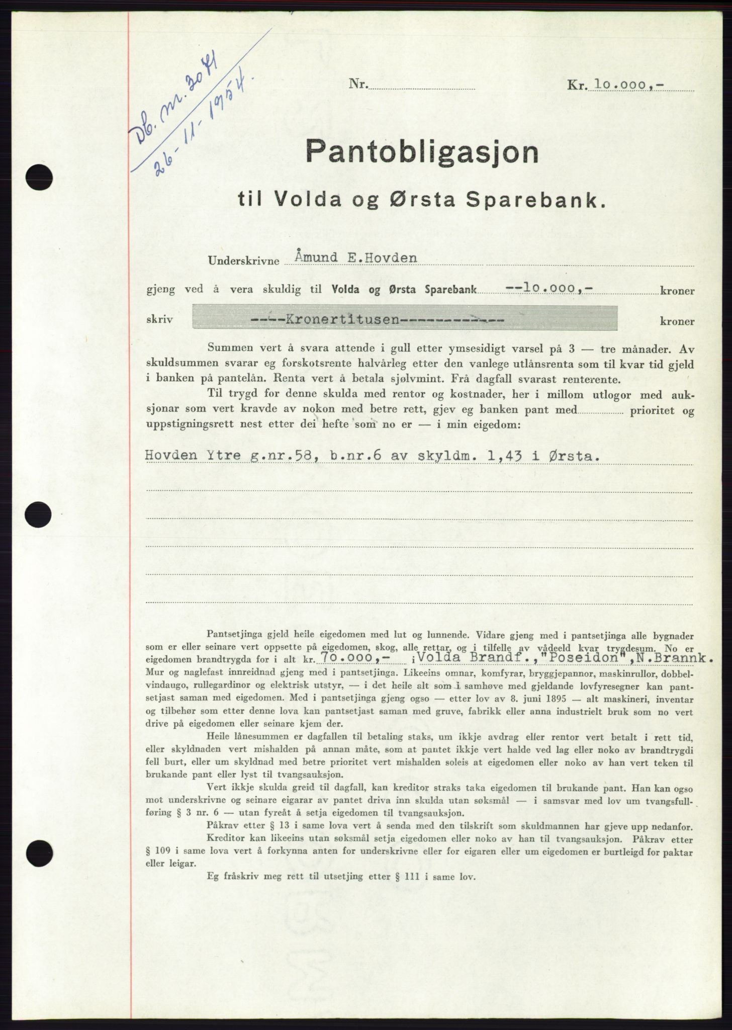 Søre Sunnmøre sorenskriveri, AV/SAT-A-4122/1/2/2C/L0126: Mortgage book no. 14B, 1954-1955, Diary no: : 3071/1954