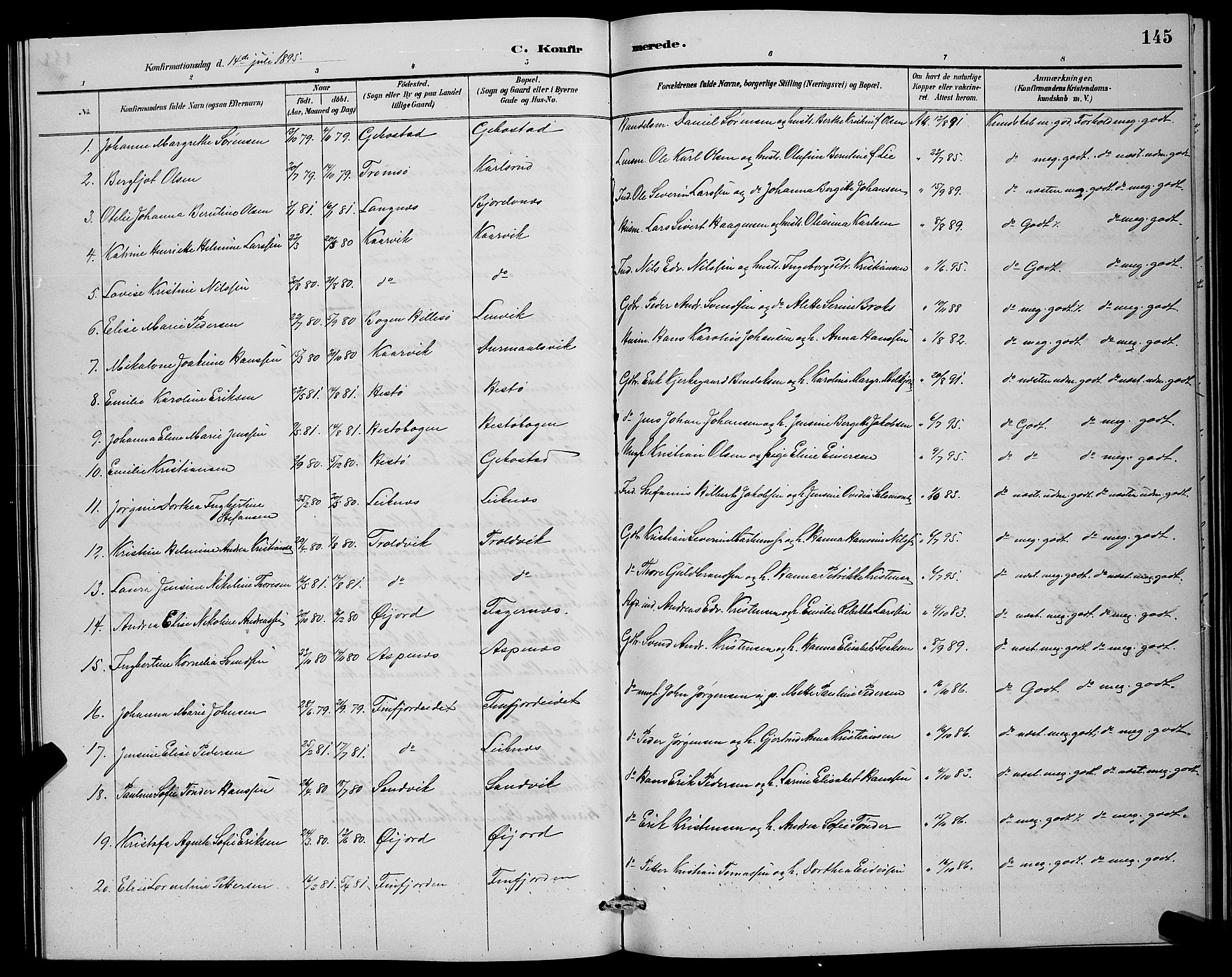 Lenvik sokneprestembete, SATØ/S-1310/H/Ha/Hab/L0007klokker: Parish register (copy) no. 7, 1890-1898, p. 145