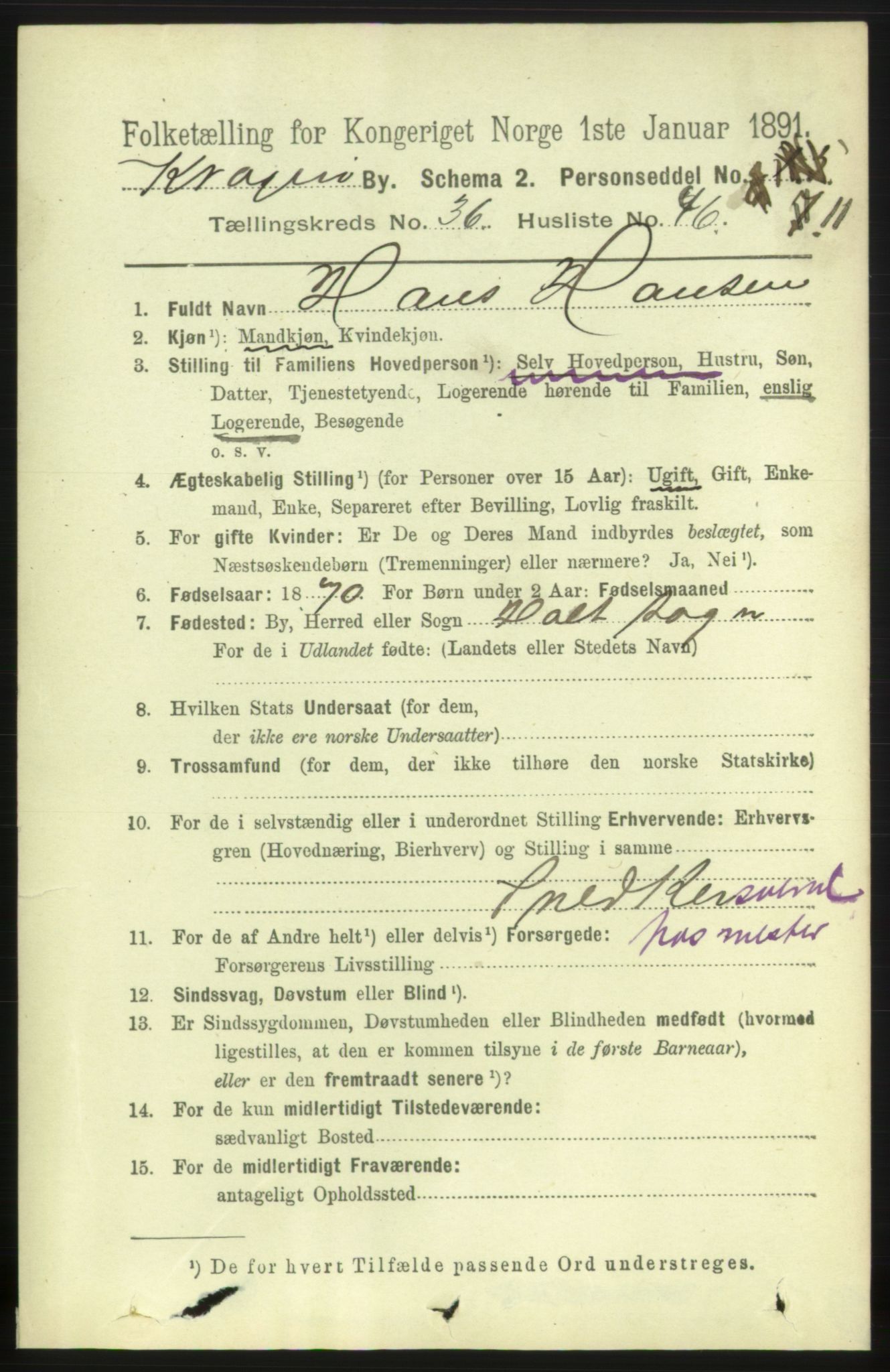 RA, 1891 census for 0801 Kragerø, 1891, p. 6752