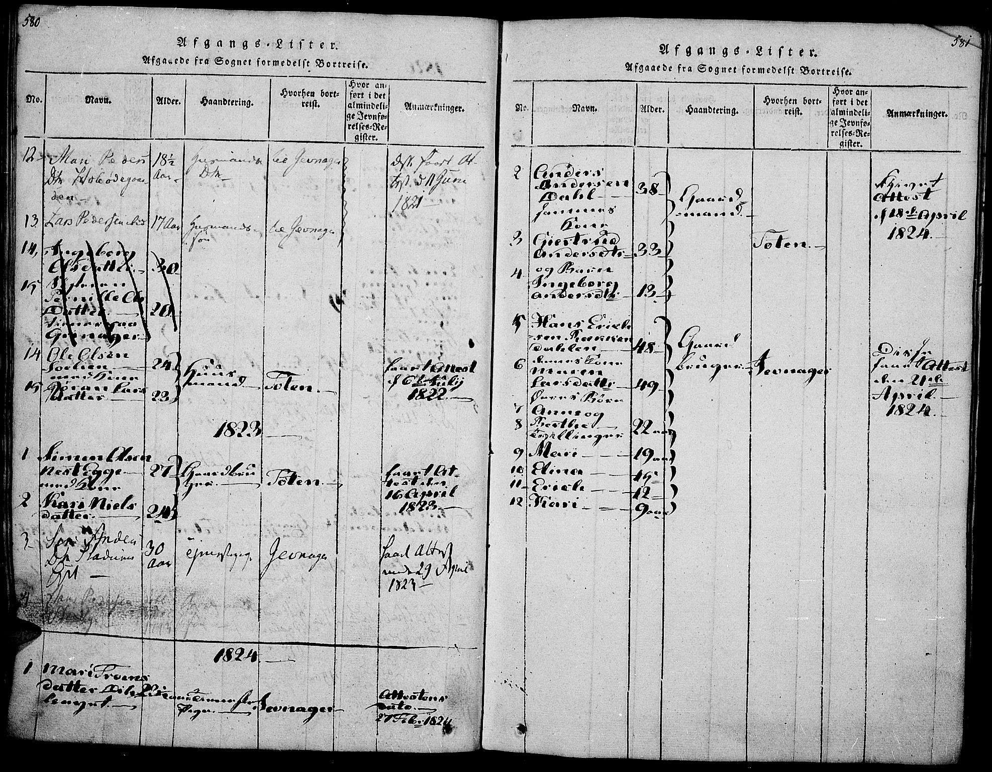 Gran prestekontor, SAH/PREST-112/H/Ha/Haa/L0009: Parish register (official) no. 9, 1815-1824, p. 580-581