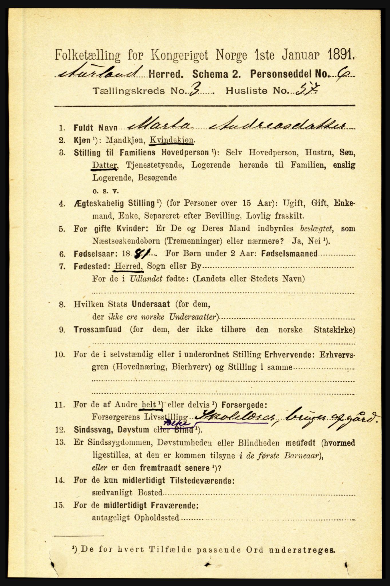 RA, 1891 census for 1421 Aurland, 1891, p. 1244