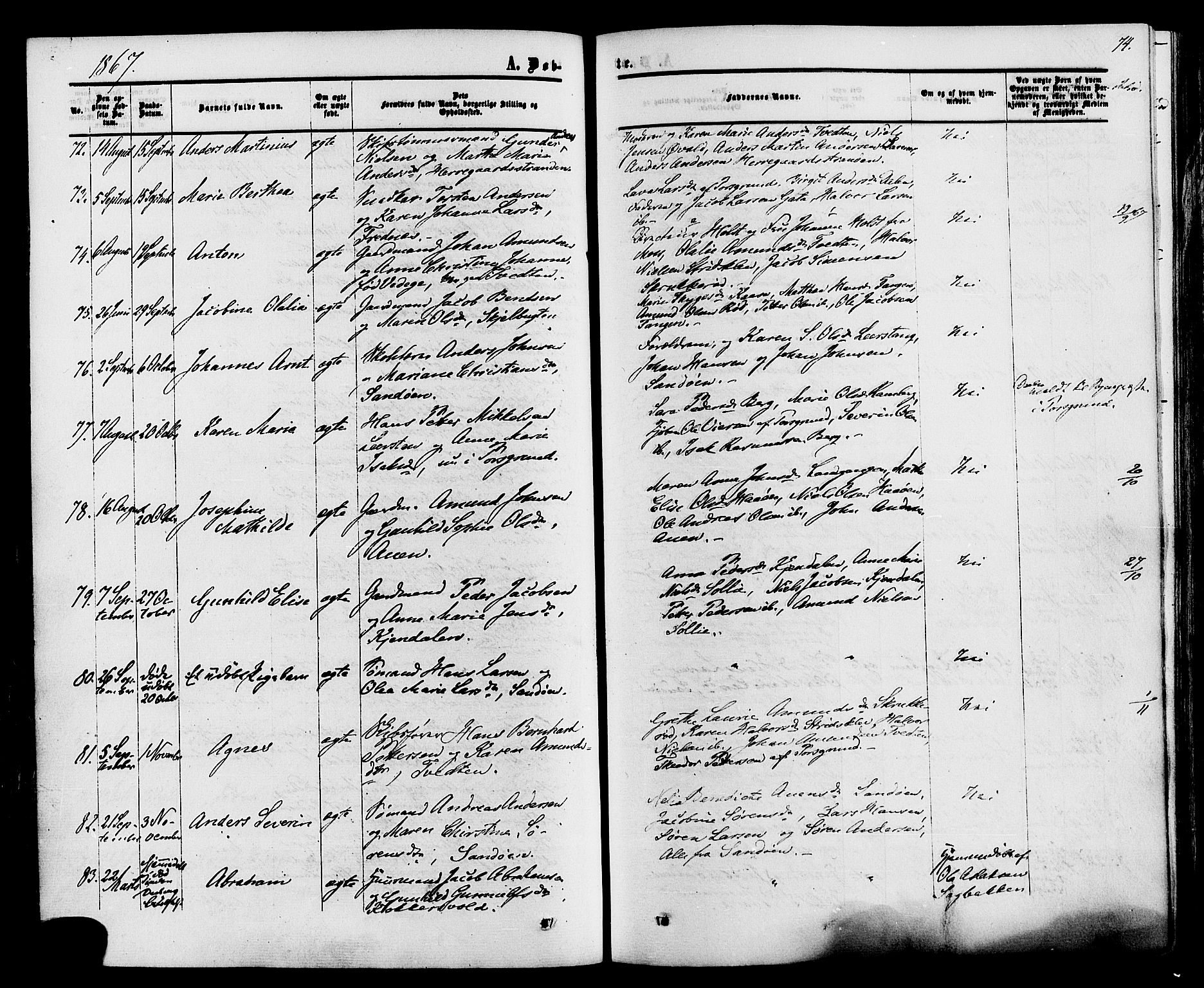 Eidanger kirkebøker, AV/SAKO-A-261/F/Fa/L0010: Parish register (official) no. 10, 1859-1874, p. 74