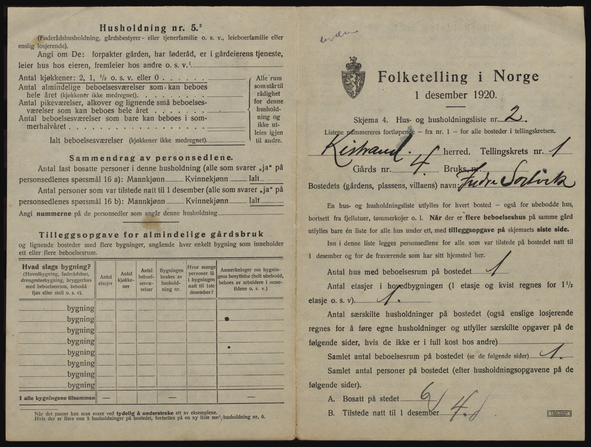 SATØ, 1920 census for Kistrand, 1920, p. 36