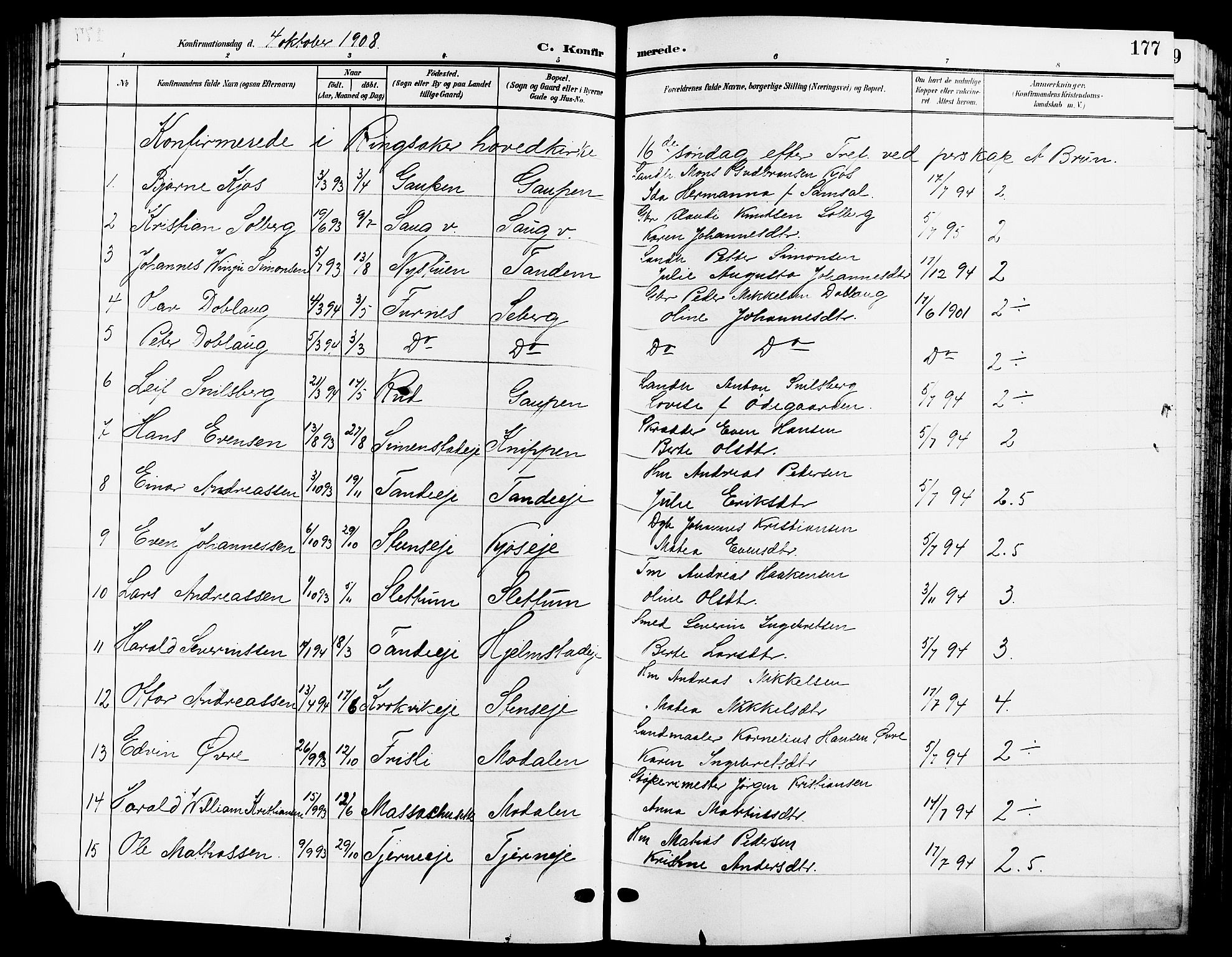 Ringsaker prestekontor, SAH/PREST-014/L/La/L0015: Parish register (copy) no. 15, 1903-1912, p. 177