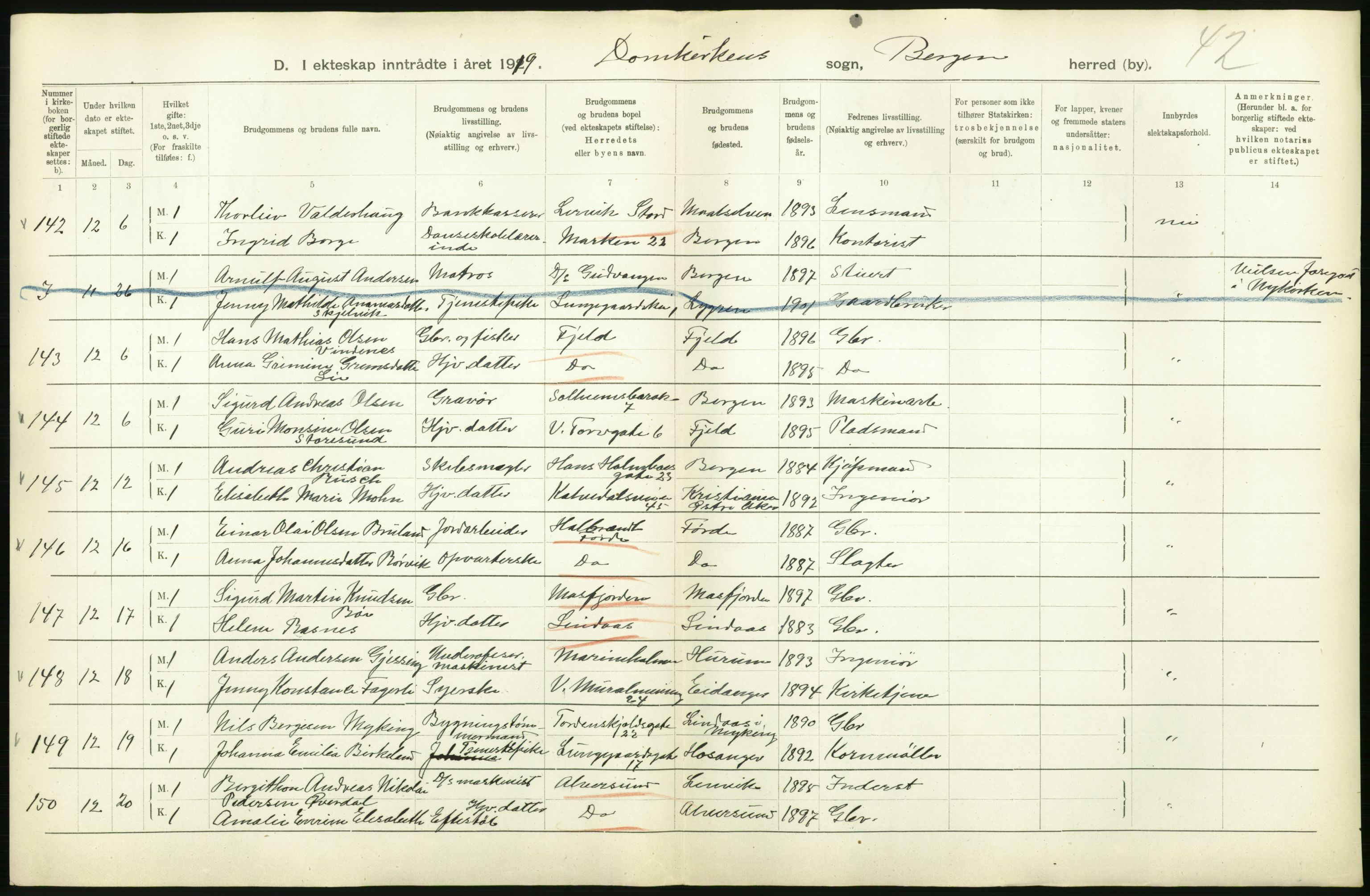 Statistisk sentralbyrå, Sosiodemografiske emner, Befolkning, RA/S-2228/D/Df/Dfb/Dfbi/L0035: Bergen: Gifte, døde, dødfødte., 1919, p. 270