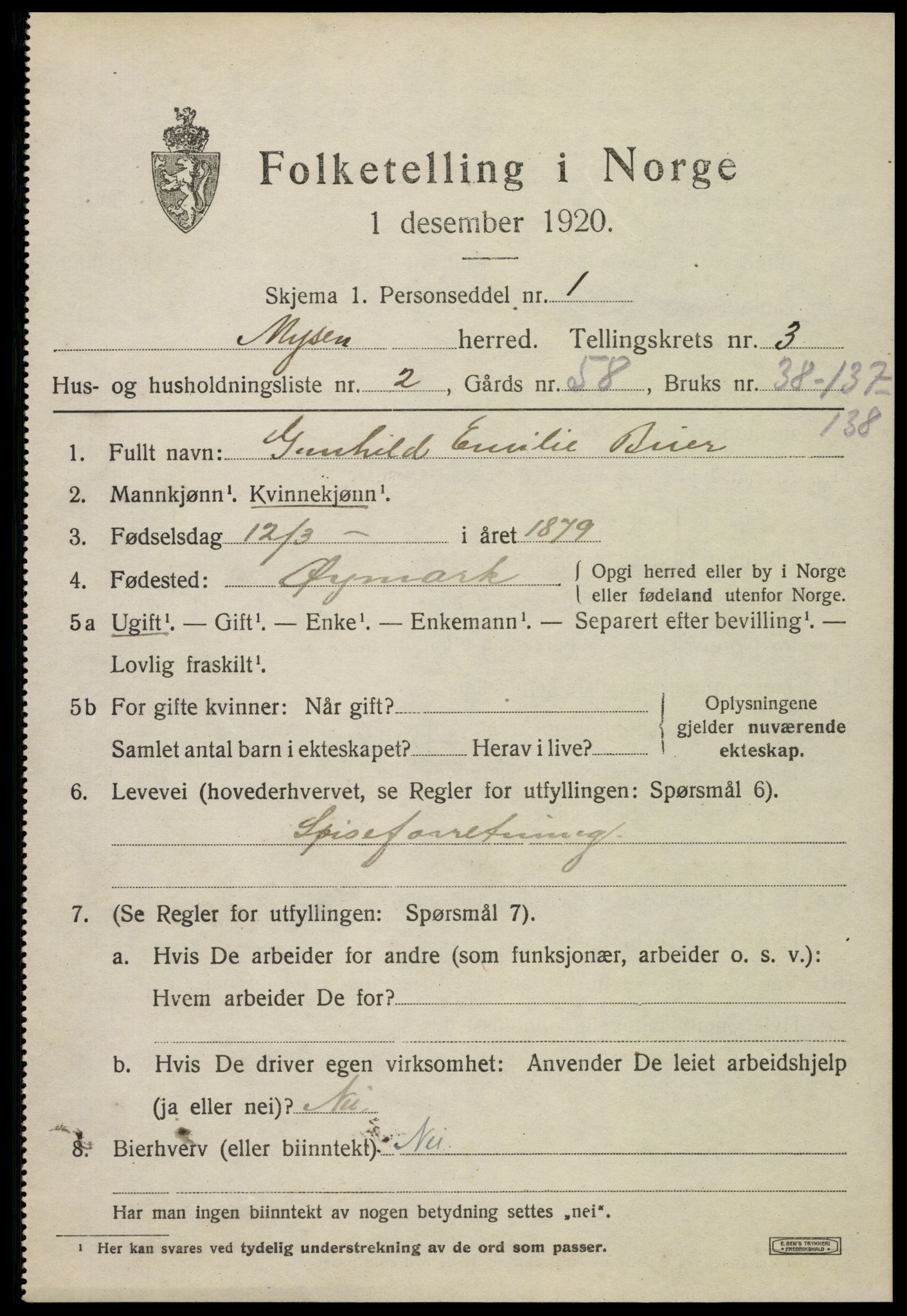 SAO, 1920 census for Mysen, 1920, p. 1875