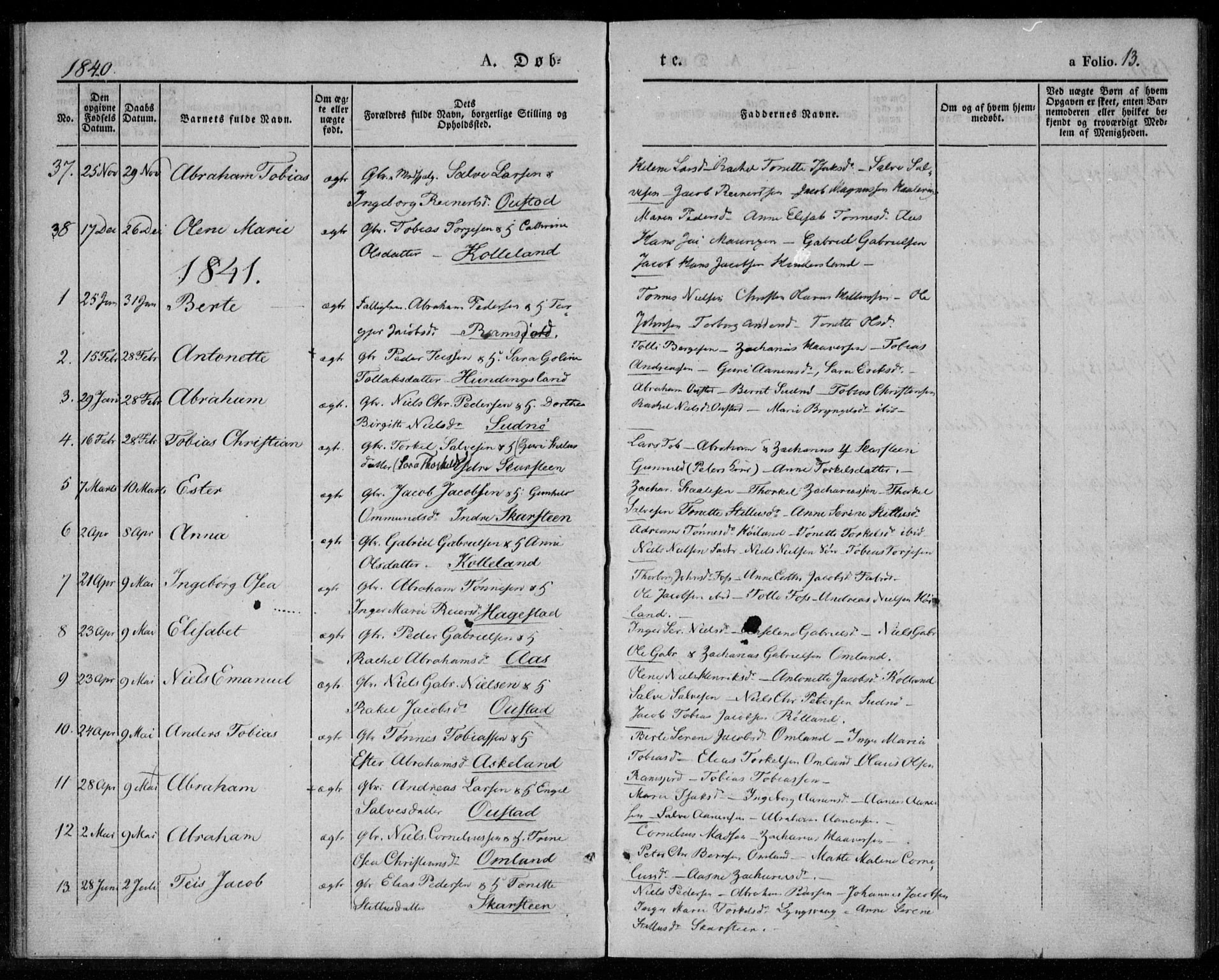 Lyngdal sokneprestkontor, SAK/1111-0029/F/Fa/Faa/L0001: Parish register (official) no. A 1, 1837-1857, p. 13