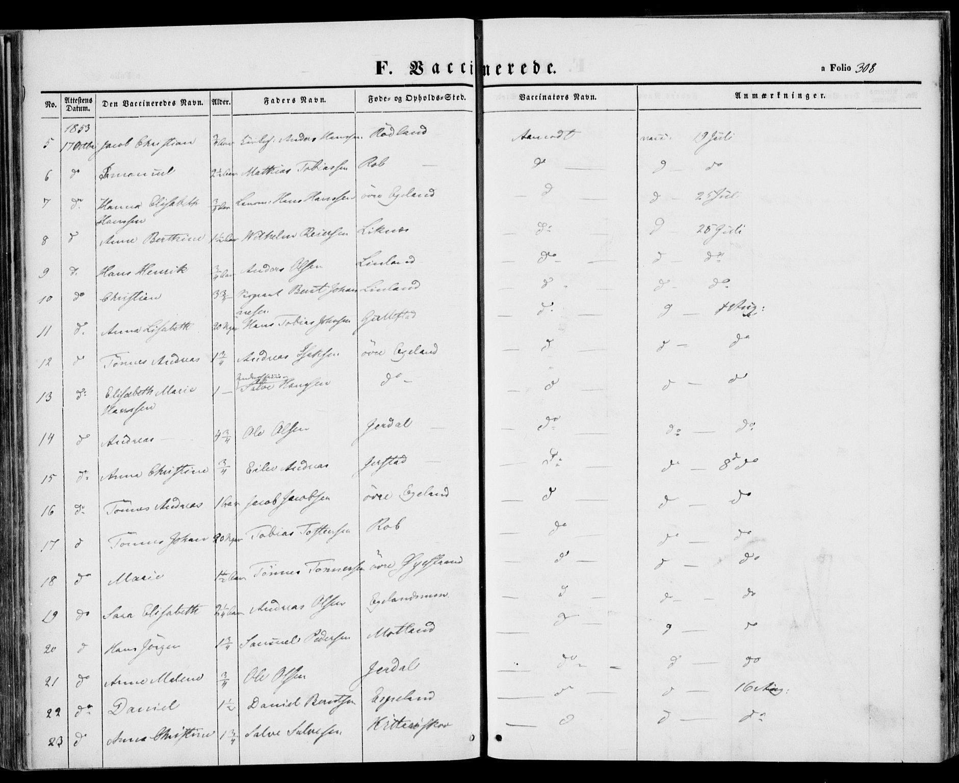 Kvinesdal sokneprestkontor, AV/SAK-1111-0026/F/Fa/Fab/L0005: Parish register (official) no. A 5, 1844-1857, p. 308