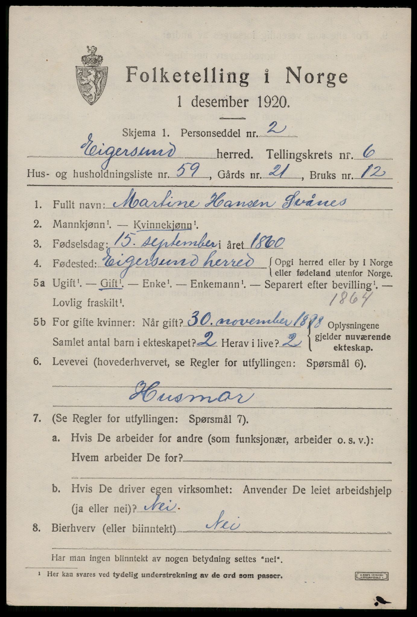 SAST, 1920 census for Eigersund, 1920, p. 4607