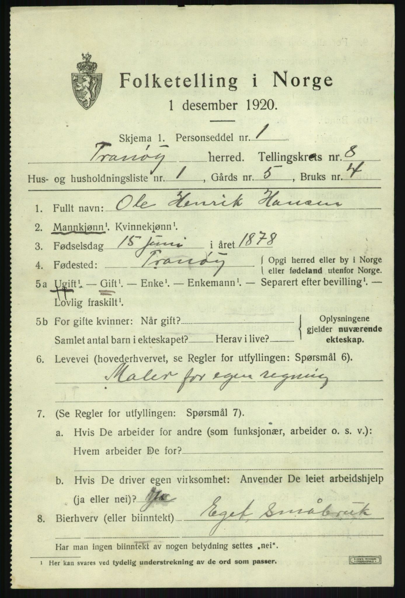 SATØ, 1920 census for Tranøy, 1920, p. 3815