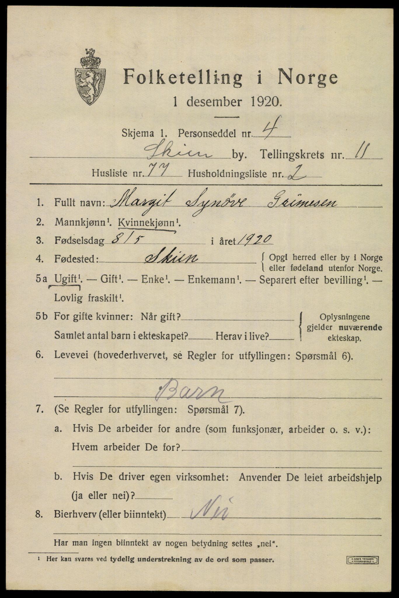 SAKO, 1920 census for Skien, 1920, p. 36476