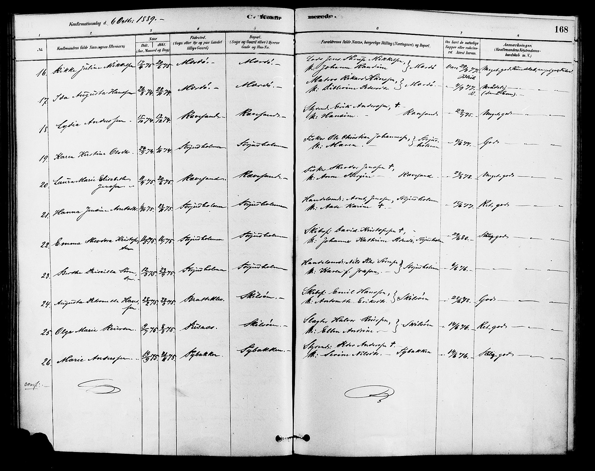 Tromøy sokneprestkontor, SAK/1111-0041/F/Fa/L0009: Parish register (official) no. A 9, 1878-1896, p. 168