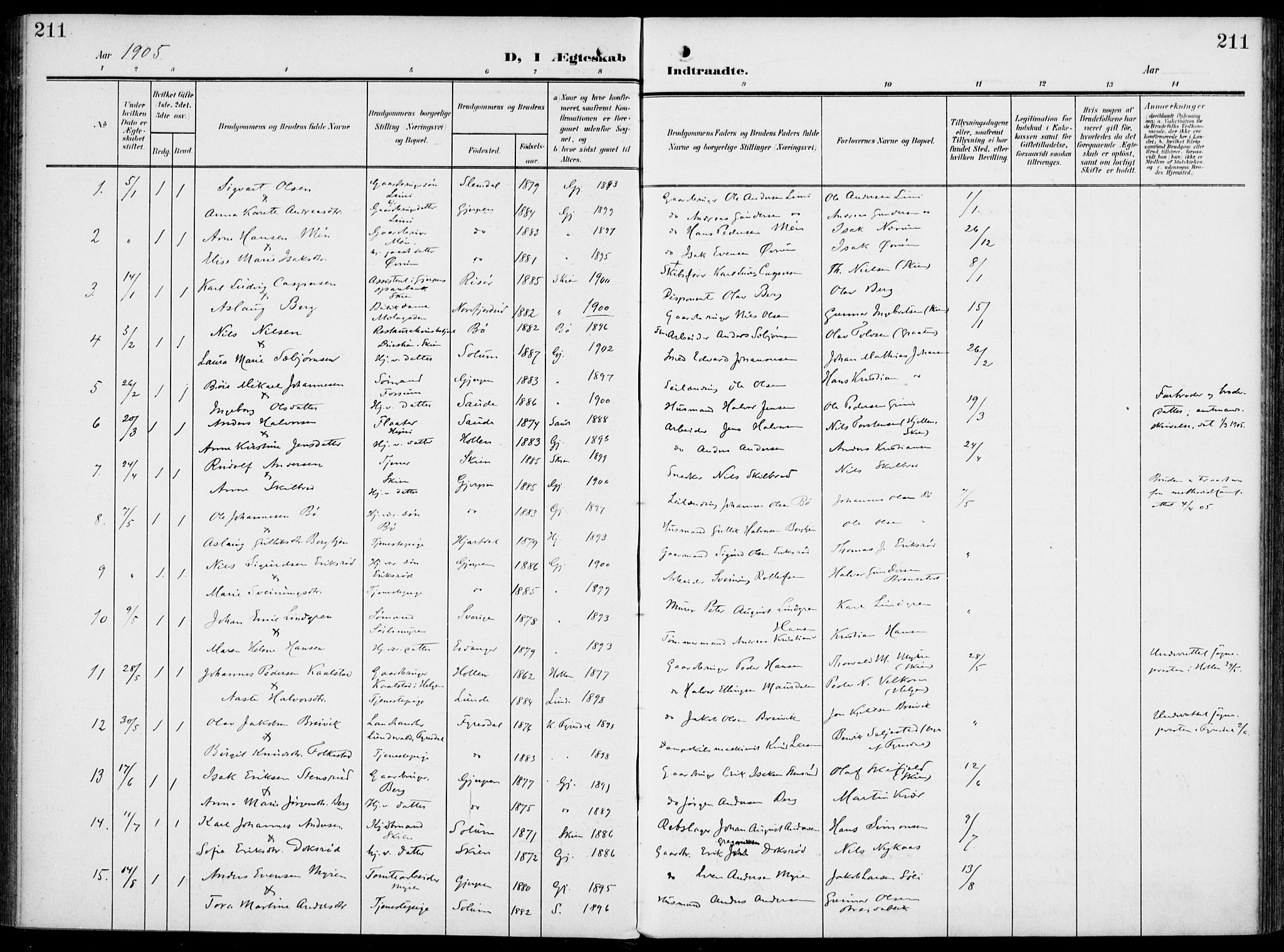 Gjerpen kirkebøker, SAKO/A-265/F/Fa/L0012: Parish register (official) no. I 12, 1905-1913, p. 211