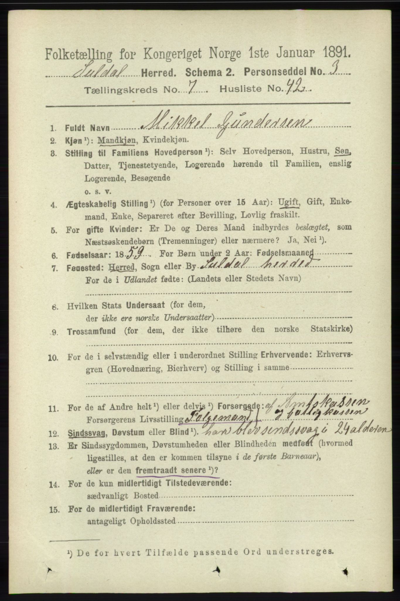 RA, 1891 census for 1134 Suldal, 1891, p. 2233