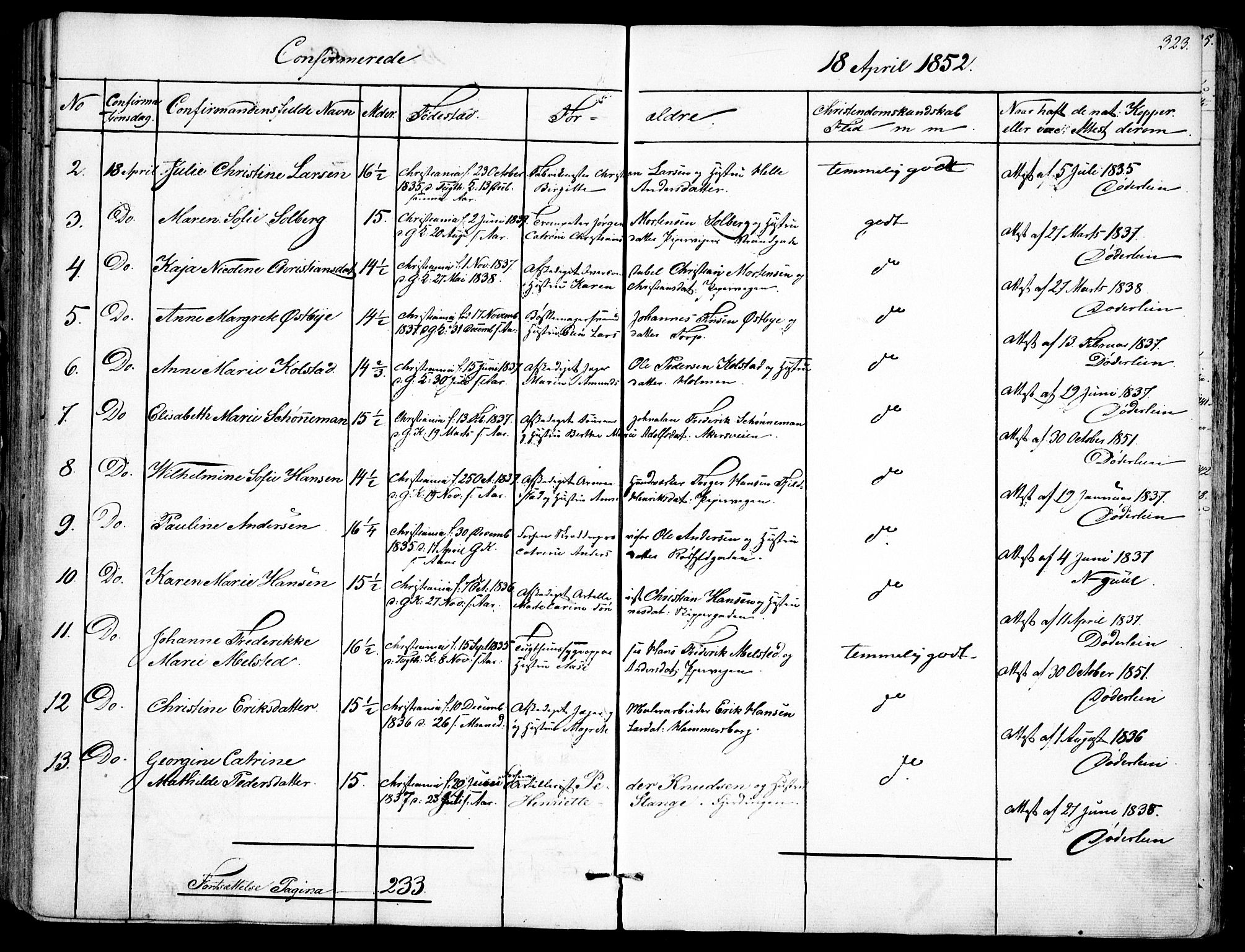 Garnisonsmenigheten Kirkebøker, AV/SAO-A-10846/F/Fa/L0008: Parish register (official) no. 8, 1842-1859, p. 323