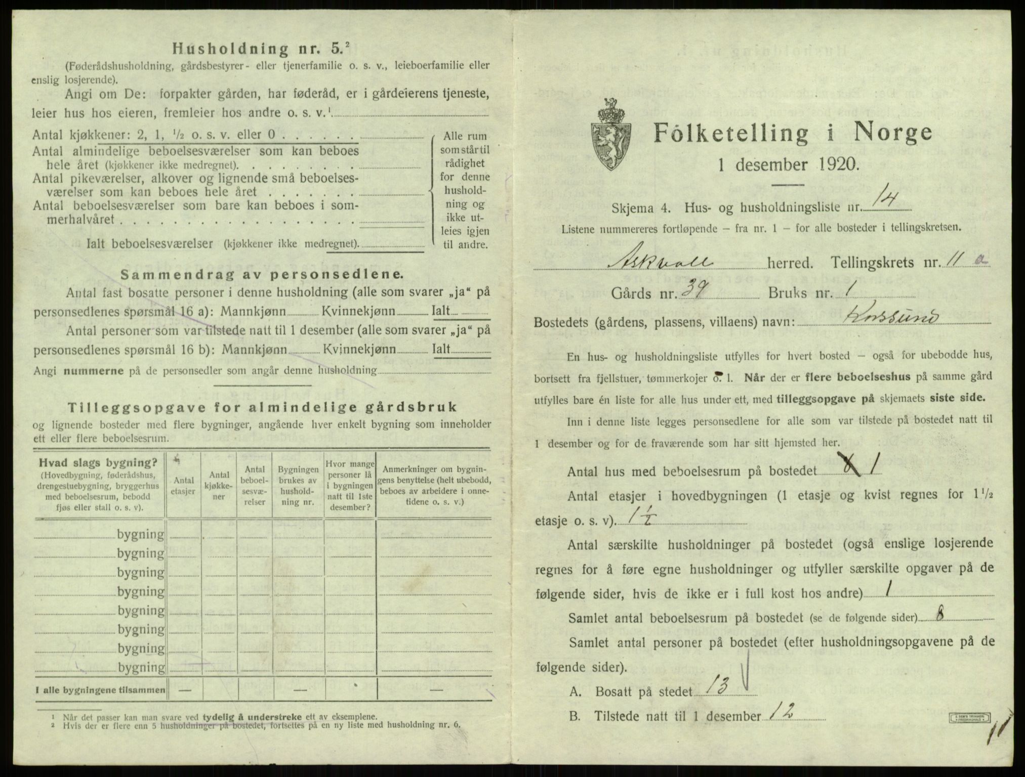 SAB, 1920 census for Askvoll, 1920, p. 580