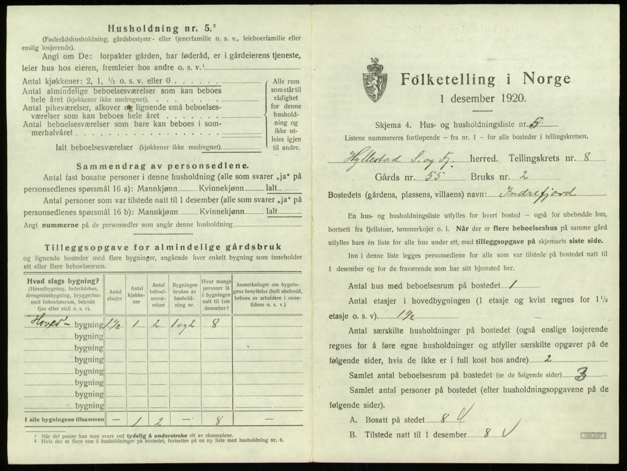 SAB, 1920 census for Hyllestad, 1920, p. 462