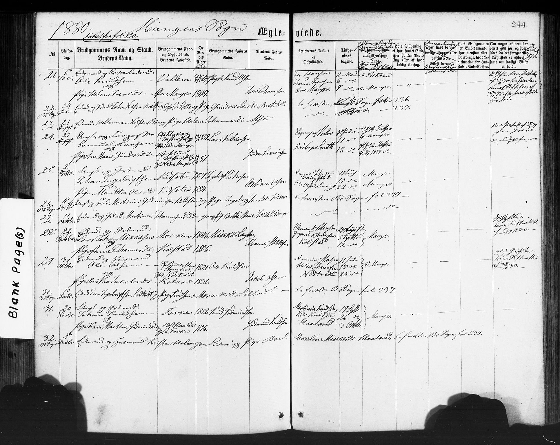Manger sokneprestembete, SAB/A-76801/H/Haa: Parish register (official) no. A 8, 1871-1880, p. 244