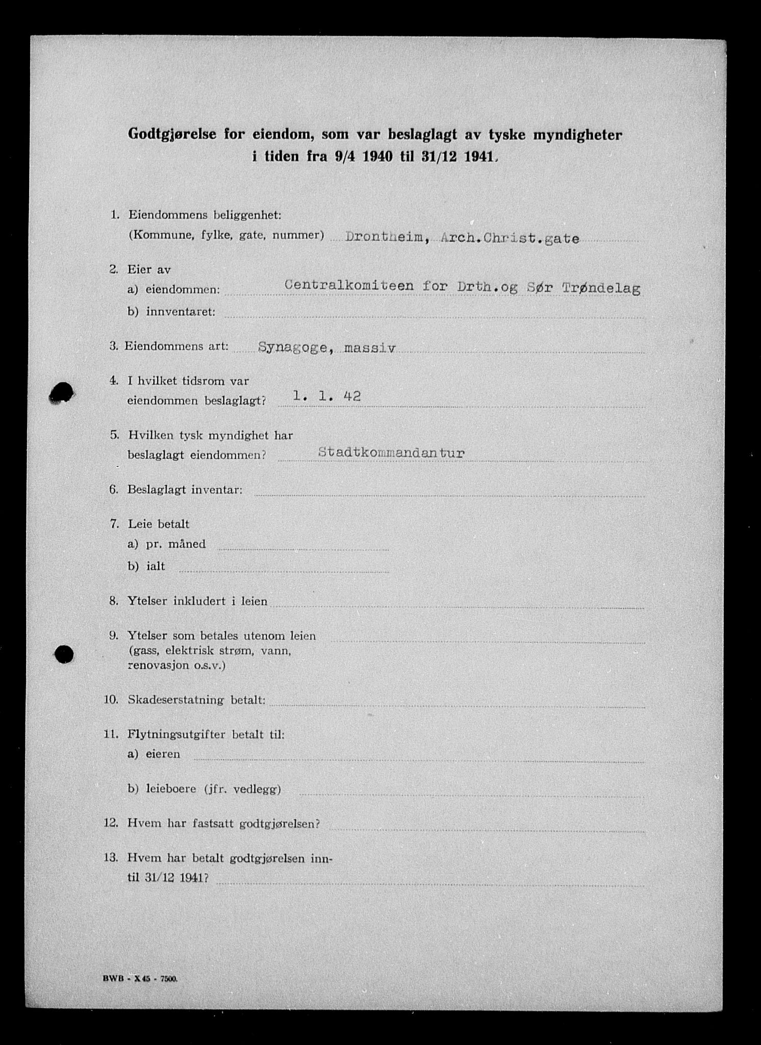 Justisdepartementet, Tilbakeføringskontoret for inndratte formuer, AV/RA-S-1564/I/L1018: Godtgjørelse for beslaglagt eiendom, 1940-1941, p. 14