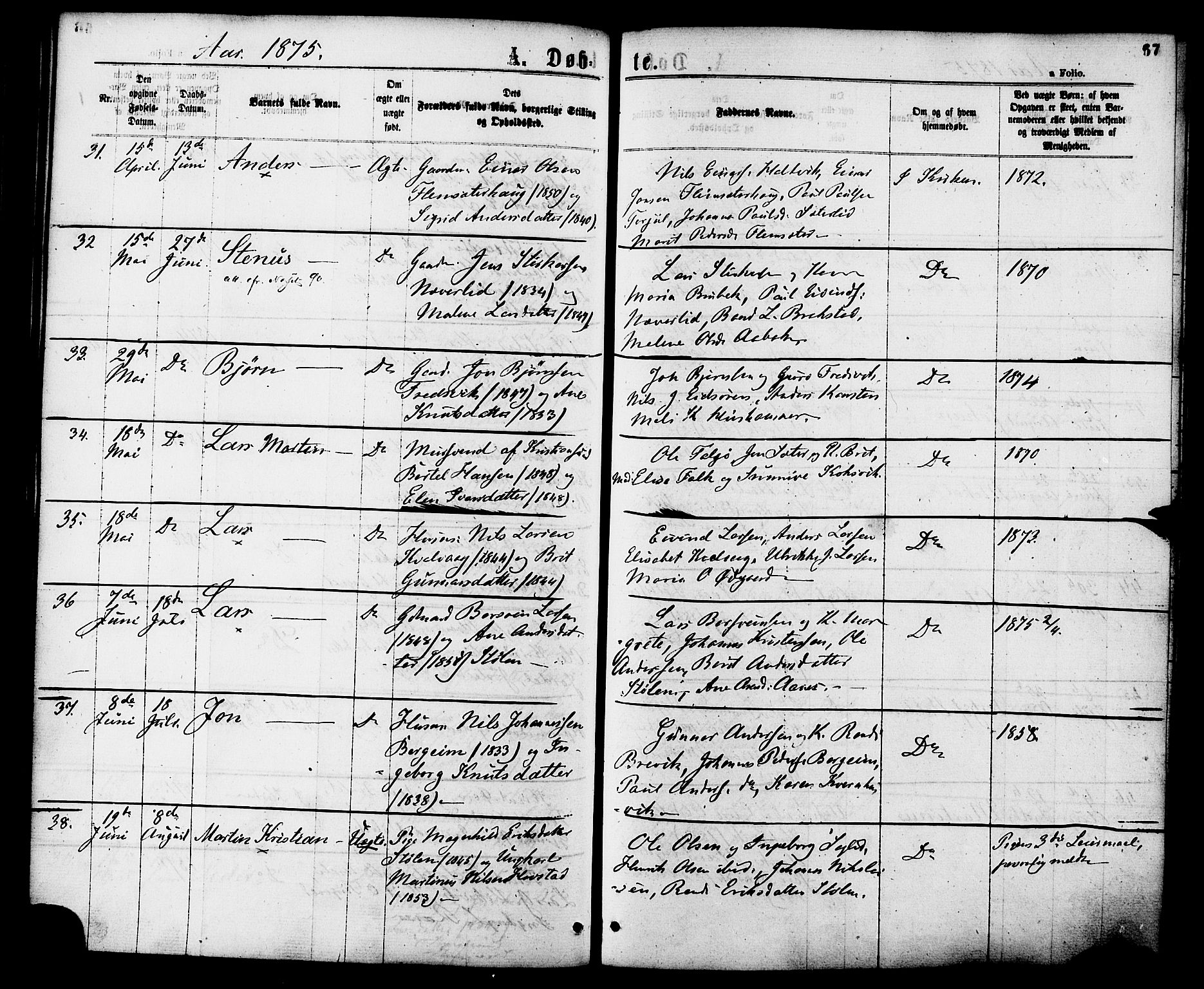 Ministerialprotokoller, klokkerbøker og fødselsregistre - Møre og Romsdal, AV/SAT-A-1454/586/L0986: Parish register (official) no. 586A12, 1867-1878, p. 67